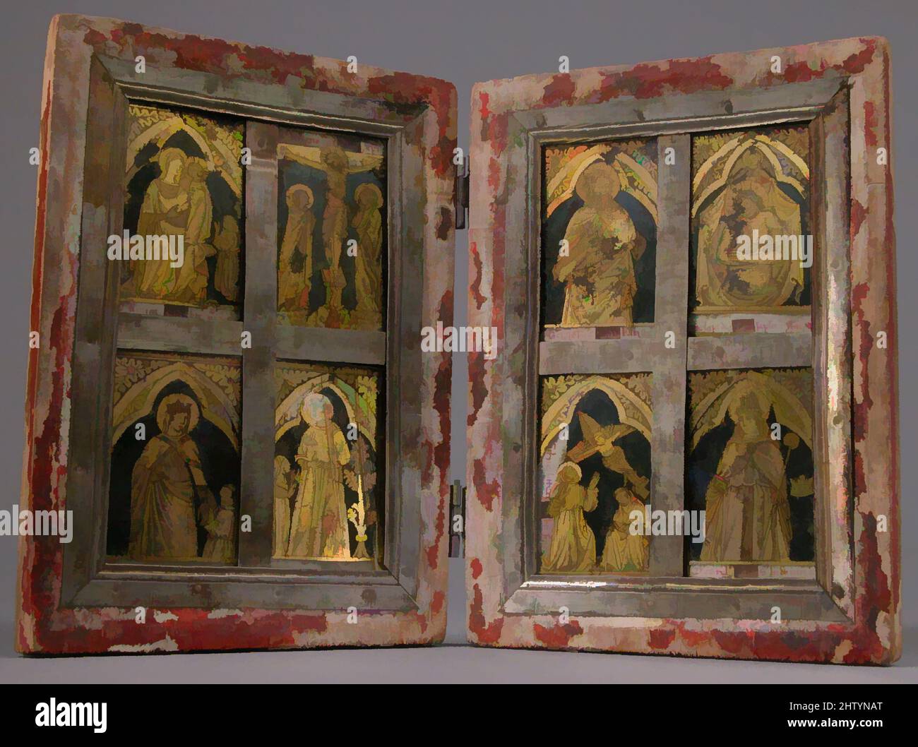 Art inspiré par le diptyque reliquaire, fin du 14th siècle, Central Italian, Verre aggloméré, polychromie, Bois, et métal, total (ouvert): 8 3/8 x 12 1/2 x 9/16 po. (21,3 x 31,7 x 1,4 cm), Glass-verre églomisé, dans son manuel de Craftsman (vers 1390), l'artiste florentin Cennino Cennini, oeuvres classiques modernisées par Artotop avec un peu de modernité. Formes, couleur et valeur, impact visuel accrocheur sur l'art émotions par la liberté d'œuvres d'art d'une manière contemporaine. Un message intemporel qui cherche une nouvelle direction créative. Artistes qui se tournent vers le support numérique et créent le NFT Artotop Banque D'Images