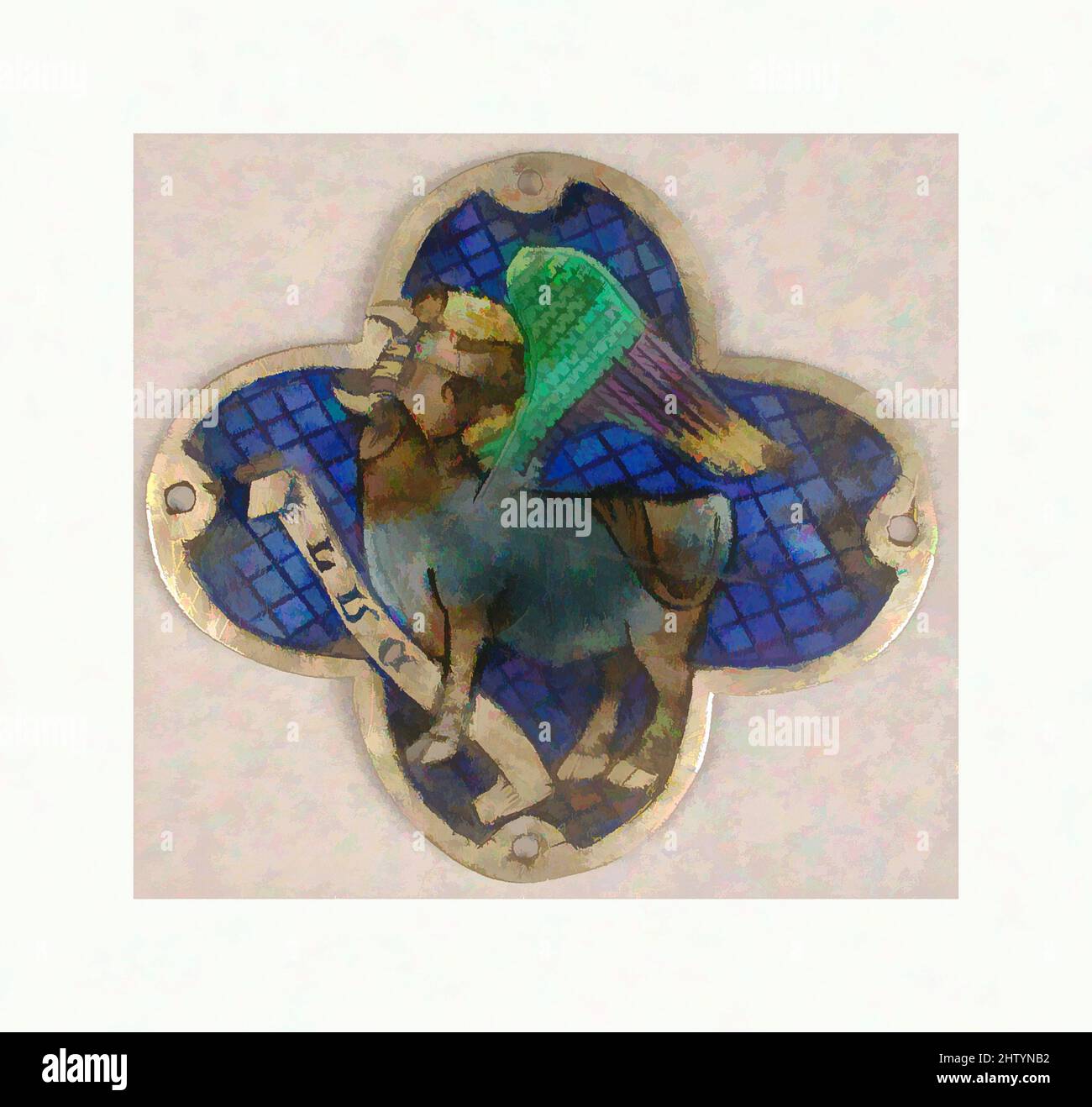 Art inspiré par la plaque avec l'Ox de Saint Luc, 14th siècle, fait en Catalogne, Espagne, Catalan, Lasse en émail blanc, argent, total : 2 x 2 1/8 x 1/16 po. (5,1 x 5,4 x 0,1 cm), émaux-Basse taille, ces plaques représentent l'aigle de Jean (en haut), l'Ox de Luc (à gauche), le Lion de, oeuvres classiques modernisées par Artotop avec une touche de modernité. Formes, couleur et valeur, impact visuel accrocheur sur l'art émotions par la liberté d'œuvres d'art d'une manière contemporaine. Un message intemporel qui cherche une nouvelle direction créative. Artistes qui se tournent vers le support numérique et créent le NFT Artotop Banque D'Images