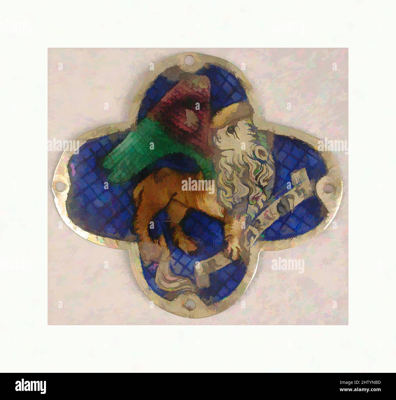 Art inspiré par la plaque avec le Lion de Saint-Marc, 14th siècle, fait en Catalogne, Espagne, Catalan, Lasse en émail blanc, argent, total : 2 x 2 3/16 x 1/16 po. (5,1 x 5,5 x 0,1 cm), émaux-Basse taille, ces plaques représentent l'aigle de Jean (en haut), l'Ox de Luc (à gauche), le Lion de, oeuvres classiques modernisées par Artotop avec une touche de modernité. Formes, couleur et valeur, impact visuel accrocheur sur l'art émotions par la liberté d'œuvres d'art d'une manière contemporaine. Un message intemporel qui cherche une nouvelle direction créative. Artistes qui se tournent vers le support numérique et créent le NFT Artotop Banque D'Images