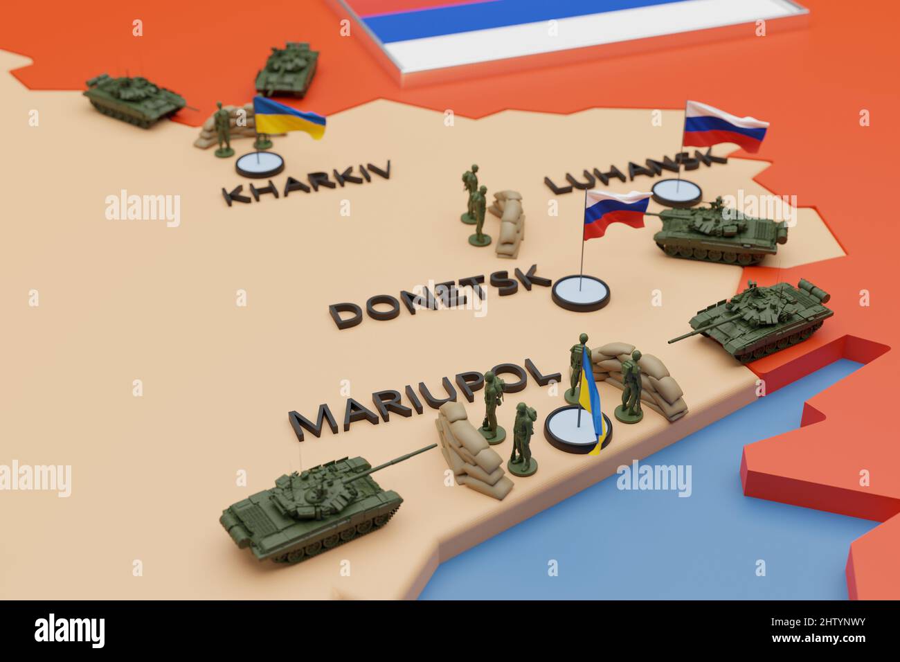 La guerre en Ukraine orientale. Chars russes entourant et attaquant la ville de Marioupol. 3D rendu. Banque D'Images