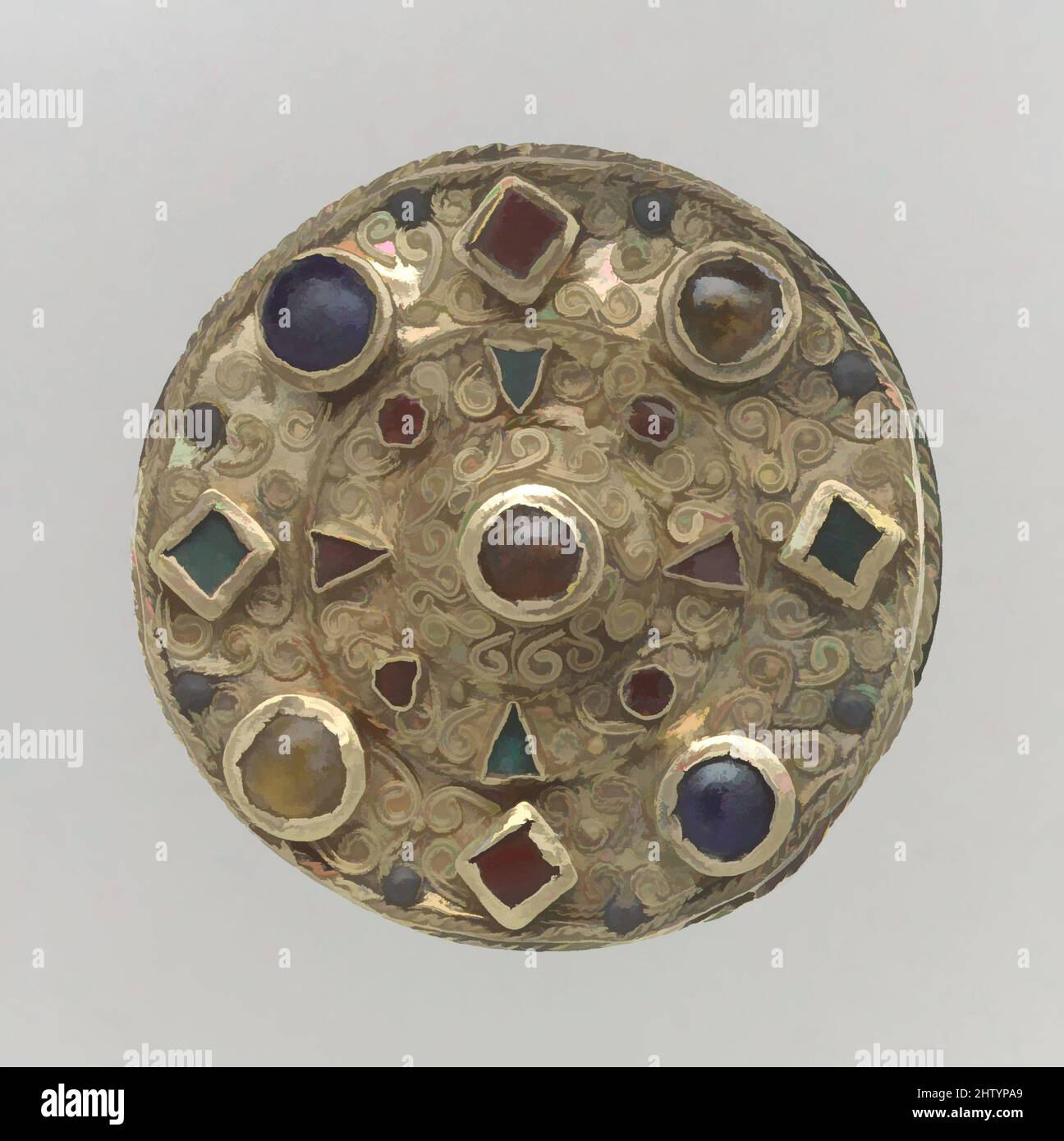 Art inspiré par Disk Brooch, 7th Century (?), Frankish, feuille d'or avec filigrane et incrustations de verre, total: 1 3/4 x 7/8 po. (4,5 x 2,3 cm), Metalwork-Gold, la robe des femmes franches se composait généralement d'une tunique, cinchée par une ceinture de laquelle pendaient un ensemble de pendentifs. Un emballage ou, les œuvres classiques modernisées par Artotop avec une touche de modernité. Formes, couleur et valeur, impact visuel accrocheur sur l'art émotions par la liberté d'œuvres d'art d'une manière contemporaine. Un message intemporel qui cherche une nouvelle direction créative. Artistes qui se tournent vers le support numérique et créent le NFT Artotop Banque D'Images