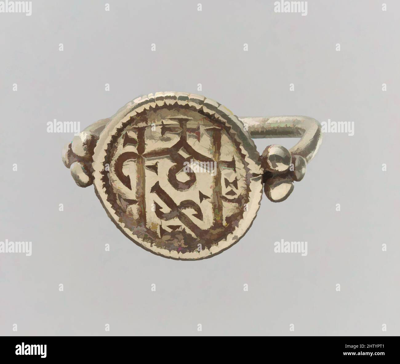 Art inspiré par Electrum Signet Ring avec Monogram, 7th siècle, fabriqué dans le nord de la France, Frankish, Electrum, total: 9/16 x 13/16 po. (1,5 x 2 cm), Metalwork-Electrum, oeuvres classiques modernisées par Artotop avec une touche de modernité. Formes, couleur et valeur, impact visuel accrocheur sur l'art émotions par la liberté d'œuvres d'art d'une manière contemporaine. Un message intemporel qui cherche une nouvelle direction créative. Artistes qui se tournent vers le support numérique et créent le NFT Artotop Banque D'Images