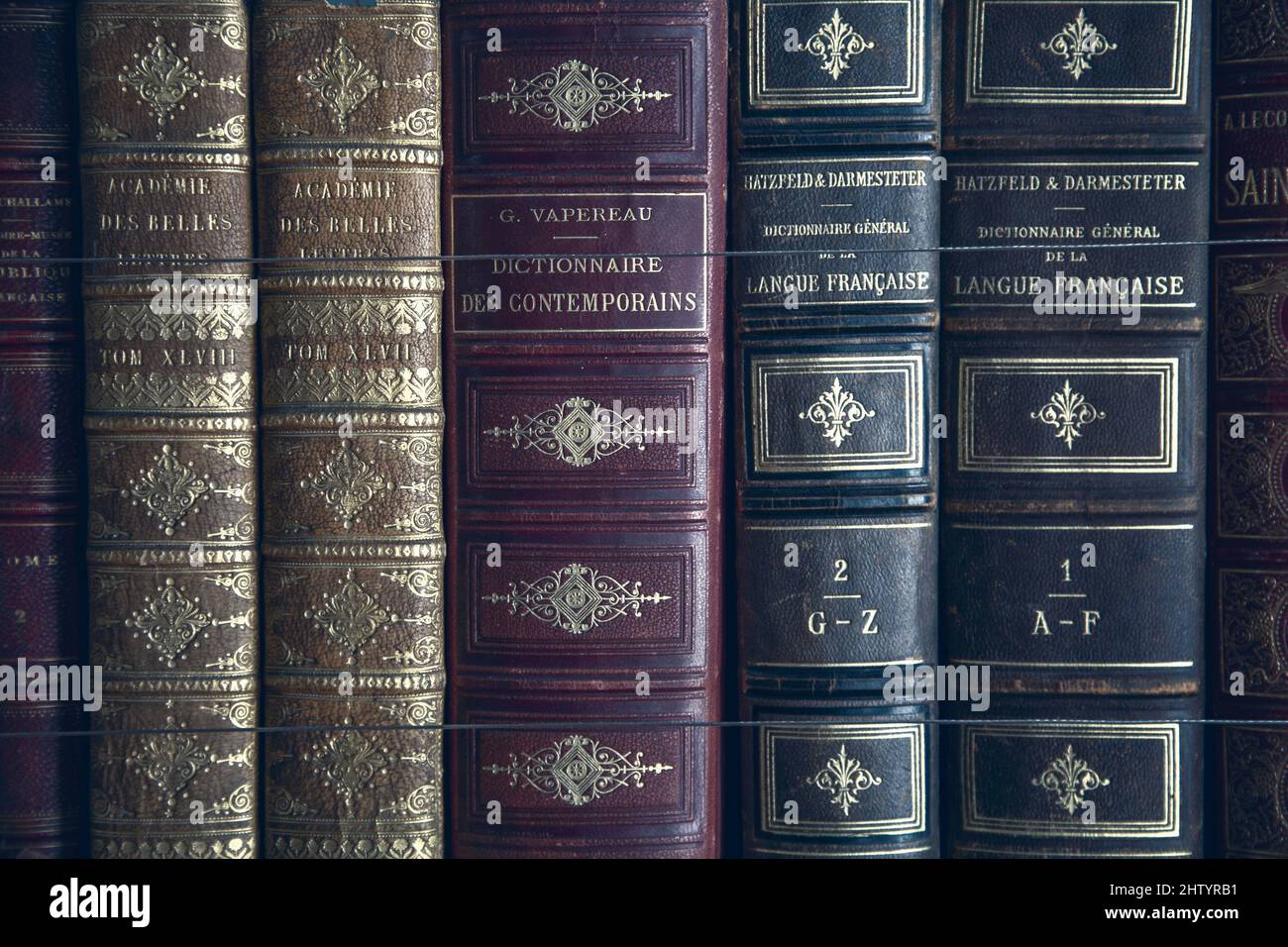 Vieux livres liés en cuir recouvert de papier d'aluminium doré Banque D'Images