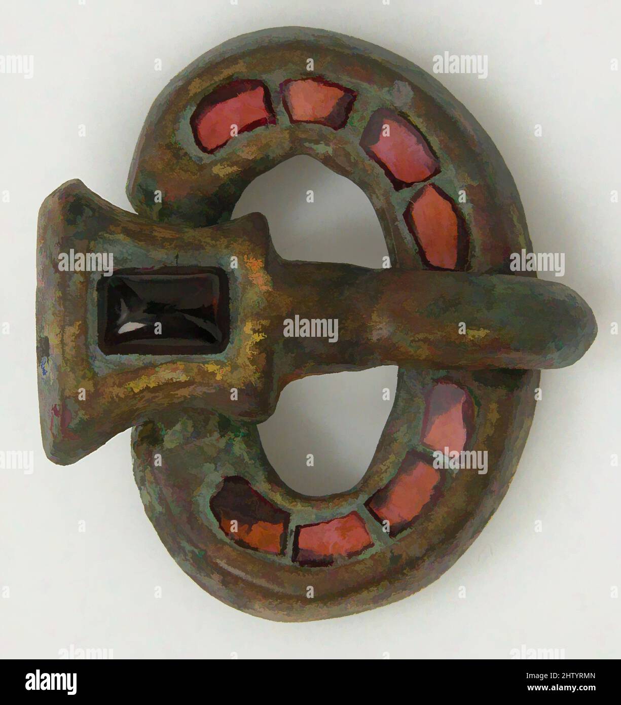 Art inspiré par Buckle, 500–550, fabriqué dans le nord de la France, Frankish, dorure de bronze, grenat, pâte de verre, Total : 1 5/8 x 1 9/16 x 5/8 pouces (4,2 x 3,9 x 1,6 cm), Metalwork-Bronze, les ceintures étaient des caractéristiques importantes de la robe médiévale ancienne. Non seulement ont-ils servi la fonction pratique de, les œuvres classiques modernisées par Artotop avec un peu de modernité. Formes, couleur et valeur, impact visuel accrocheur sur l'art émotions par la liberté d'œuvres d'art d'une manière contemporaine. Un message intemporel qui cherche une nouvelle direction créative. Artistes qui se tournent vers le support numérique et créent le NFT Artotop Banque D'Images