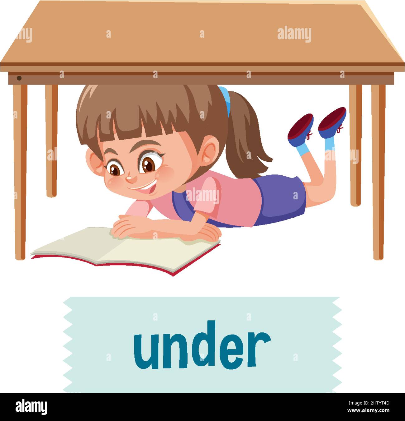 Préposition de l'endroit avec une petite fille de dessin animé et une illustration de table Illustration de Vecteur