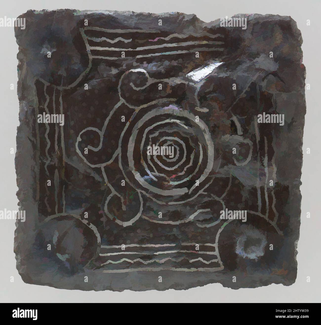 Art inspiré par la plaque arrière d'une boucle de ceinture, fin du 6th–7th  siècle, franc, fer avec incrustation argentée, total : 1 7/8 x 1/4 x 1 3/4  po. (4,7 x 0,7