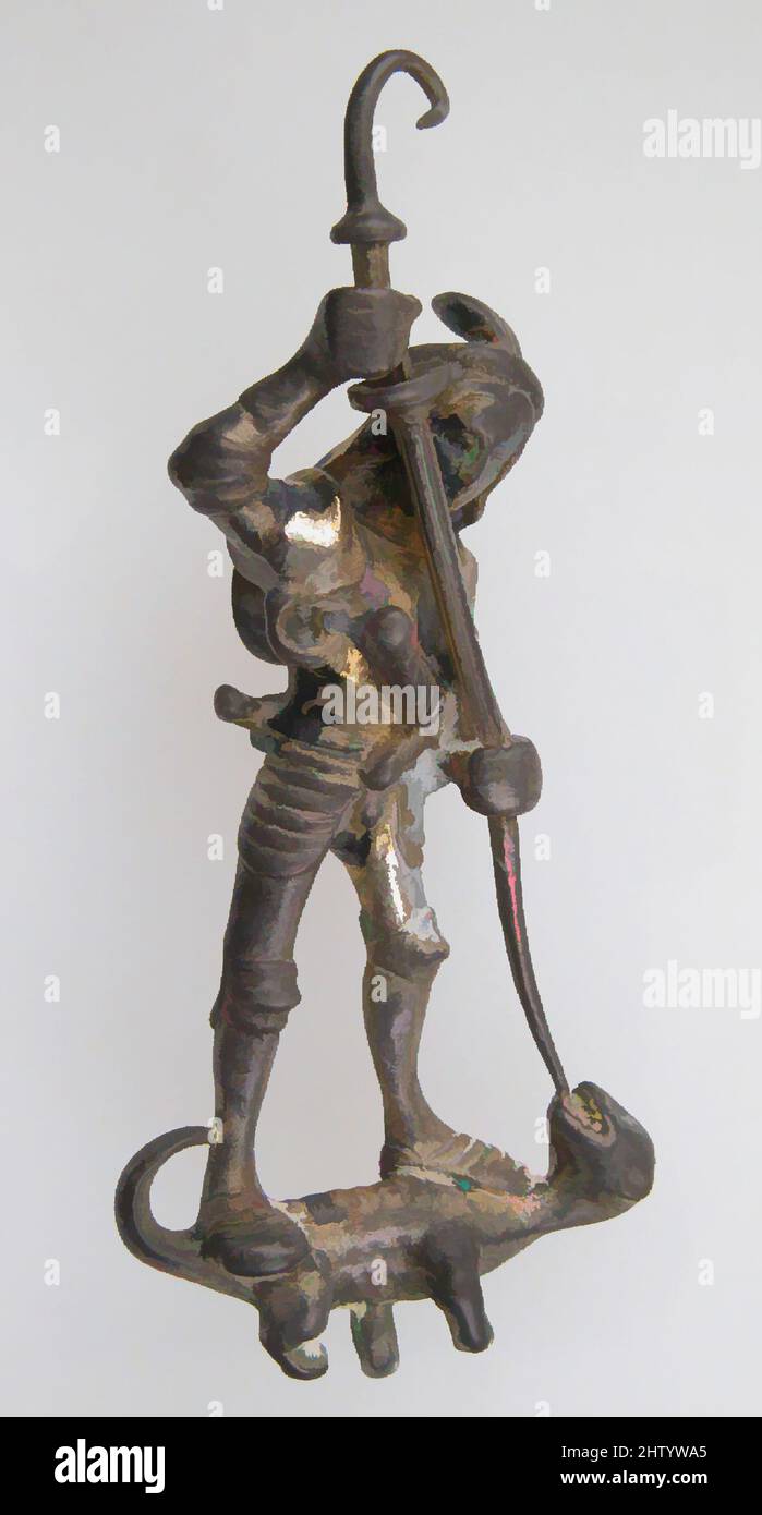 Art inspiré par pendentif avec St. George et le Dragon, ca. 1470, fabriqué à Bâle, Suisse ou allemand, argent, paquet doré, Total : 2 3/16 x 15/16 x 9/16 pouces (5,5 x 2,4 x 1,5 cm), Metalwork-Silver, œuvres classiques modernisées par Artotop avec une touche de modernité. Formes, couleur et valeur, impact visuel accrocheur sur l'art émotions par la liberté d'œuvres d'art d'une manière contemporaine. Un message intemporel qui cherche une nouvelle direction créative. Artistes qui se tournent vers le support numérique et créent le NFT Artotop Banque D'Images