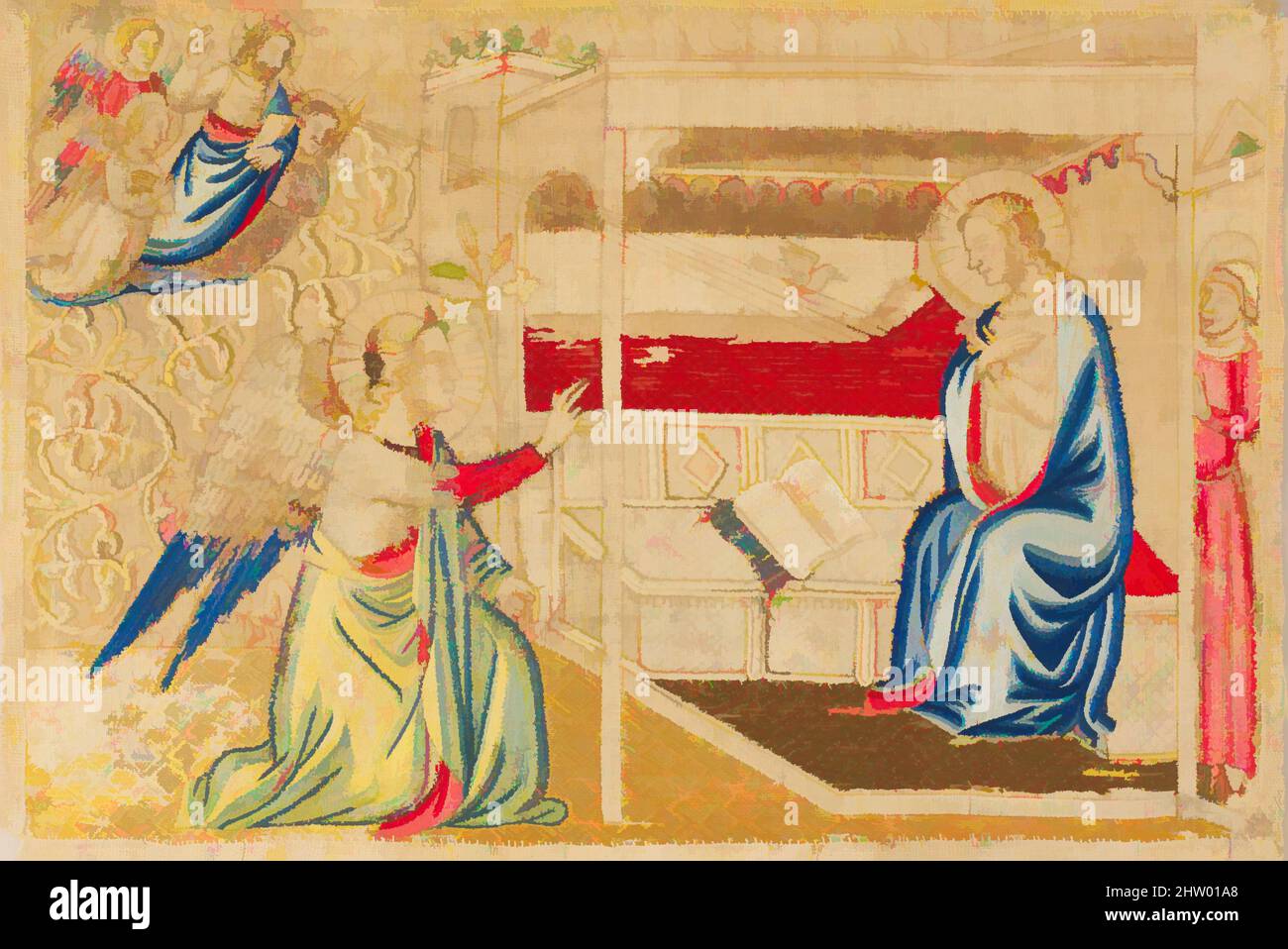 Art inspiré par l'Annonciation, ca. 1330–40, fabriqué à Florence, Italie, italien, soie, coton et fils métalliques, 11 3/8 x 16 1/2 po (28,9 x 41,9 cm), textiles brodés, pour créer ces panneaux, un artiste florentin a d'abord dessiné les figures sur les toiles de coton et ensuite les a donné, oeuvres classiques modernisées par Artotop avec un peu de modernité. Formes, couleur et valeur, impact visuel accrocheur sur l'art émotions par la liberté d'œuvres d'art d'une manière contemporaine. Un message intemporel qui cherche une nouvelle direction créative. Artistes qui se tournent vers le support numérique et créent le NFT Artotop Banque D'Images