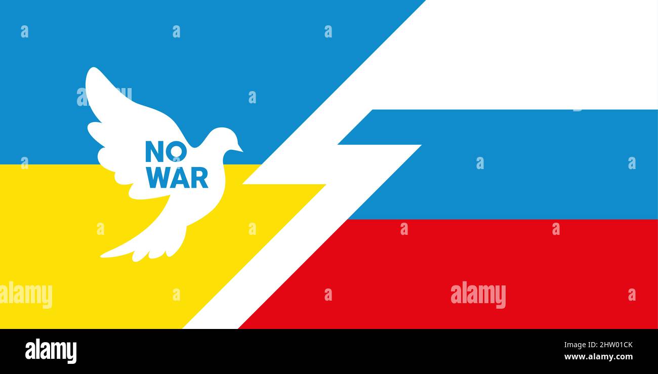 Pas de guerre. Drapeau de l'Ukraine et de la Russie. Colombe de la paix. Illustration de Vecteur