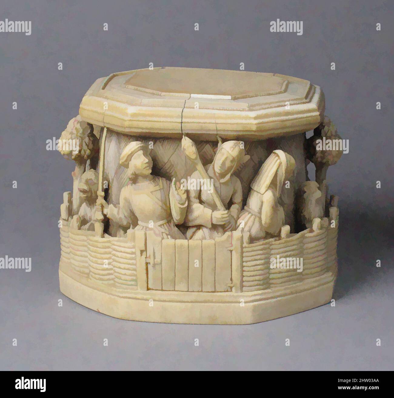 Art inspiré par la base pour une statuette, début du 16th siècle, français du Nord ou néerlandais du Sud, Ivoire, total : 3 5/8 x 4 3/4 x 4 9/16 po. (9,2 x 12,1 x 11,6 cm), ivoires, les deux scènes satiriques qui ornent cette base font probablement référence à des thèmes de l'amour mondly. On suggère le, les œuvres classiques modernisées par Artotop avec un peu de modernité. Formes, couleur et valeur, impact visuel accrocheur sur l'art émotions par la liberté d'œuvres d'art d'une manière contemporaine. Un message intemporel qui cherche une nouvelle direction créative. Artistes qui se tournent vers le support numérique et créent le NFT Artotop Banque D'Images