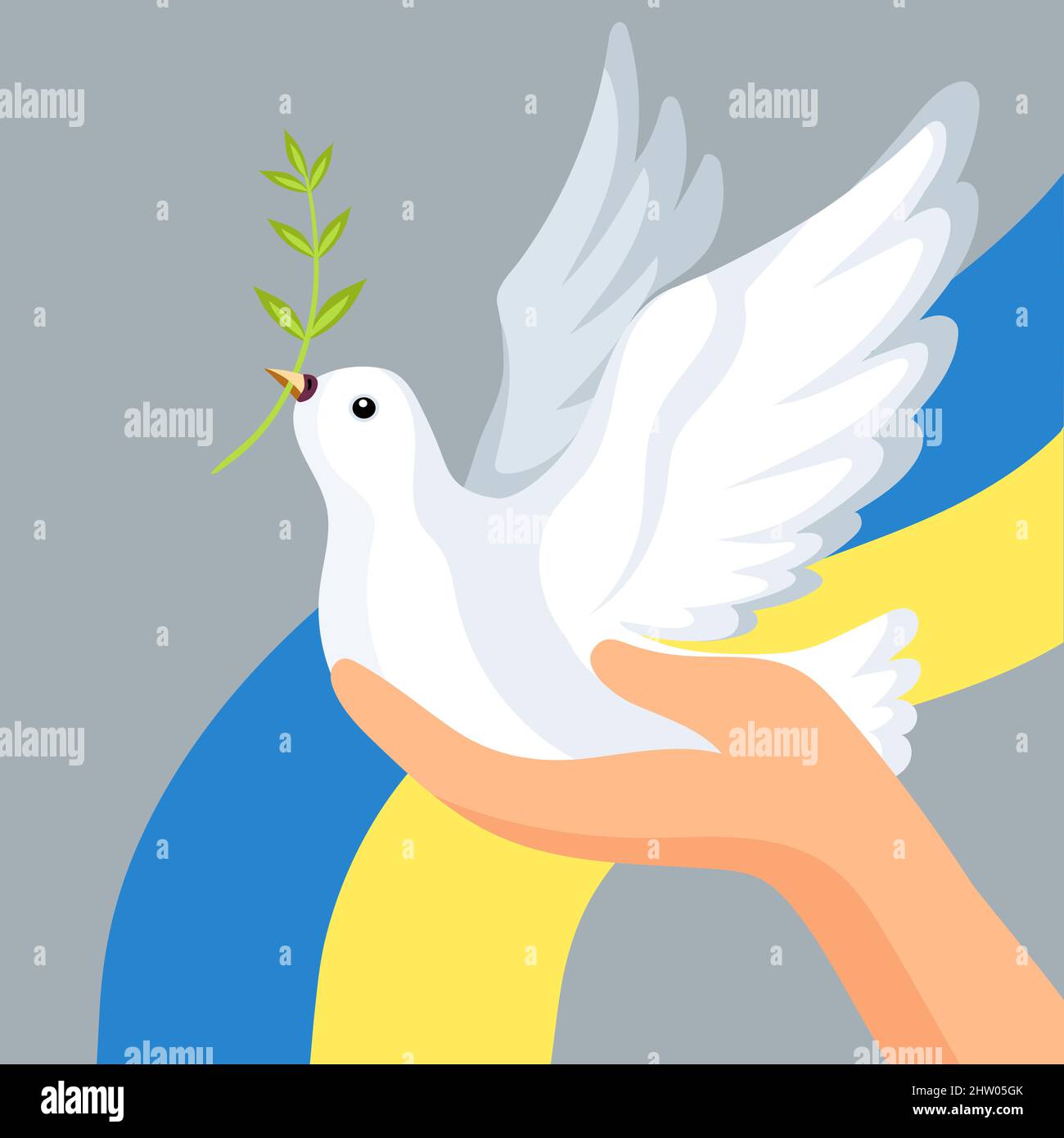 Dessin animé oiseau blanc colombe avec branche de la plante en main et fond avec drapeau ukrainien. Mignon pigeon de paix isolé sur fond gris. Dessin animé Illustration de Vecteur