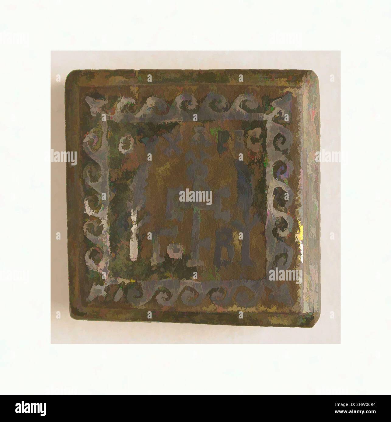 Art inspiré par Balance Weight avec Monogram, 6th siècle, byzantin, alliage de cuivre, incrustation d'argent, 3/8 × 1 1/8 × 1 1/16 po, 1,9oz. (0,9 × 2,8 × 2,7 cm, 53g), alliage de métal-cuivre, le monogramme grec au centre de ce poids de deux onces lit 'de Sergios," indiquant probablement, les oeuvres classiques modernisées par Artotop avec un peu de modernité. Formes, couleur et valeur, impact visuel accrocheur sur l'art émotions par la liberté d'œuvres d'art d'une manière contemporaine. Un message intemporel qui cherche une nouvelle direction créative. Artistes qui se tournent vers le support numérique et créent le NFT Artotop Banque D'Images