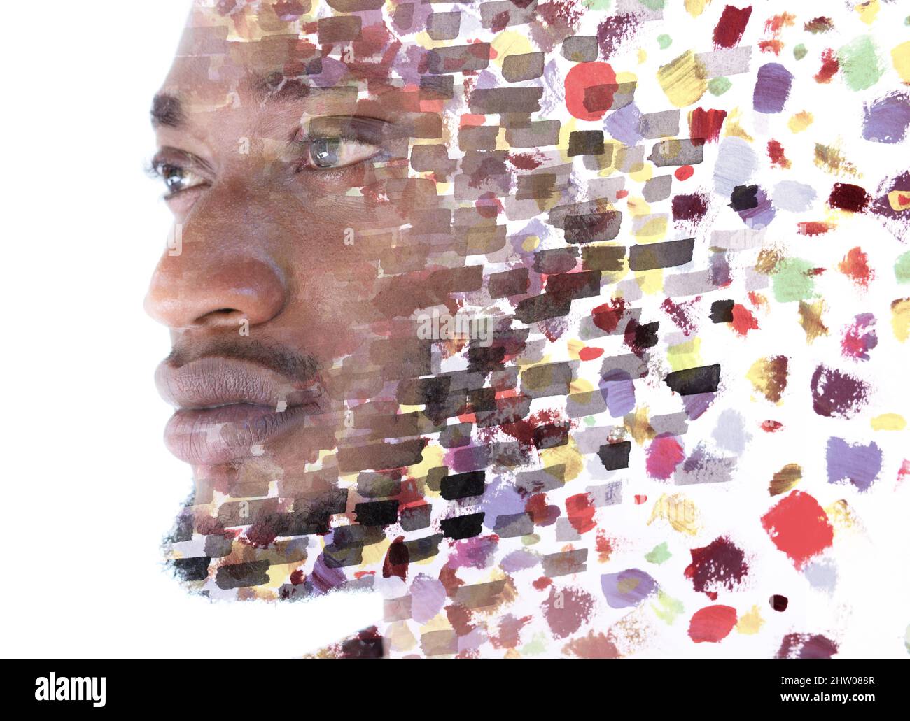 Un portrait d'un homme combiné à une peinture dans une technique de la peinture. Banque D'Images