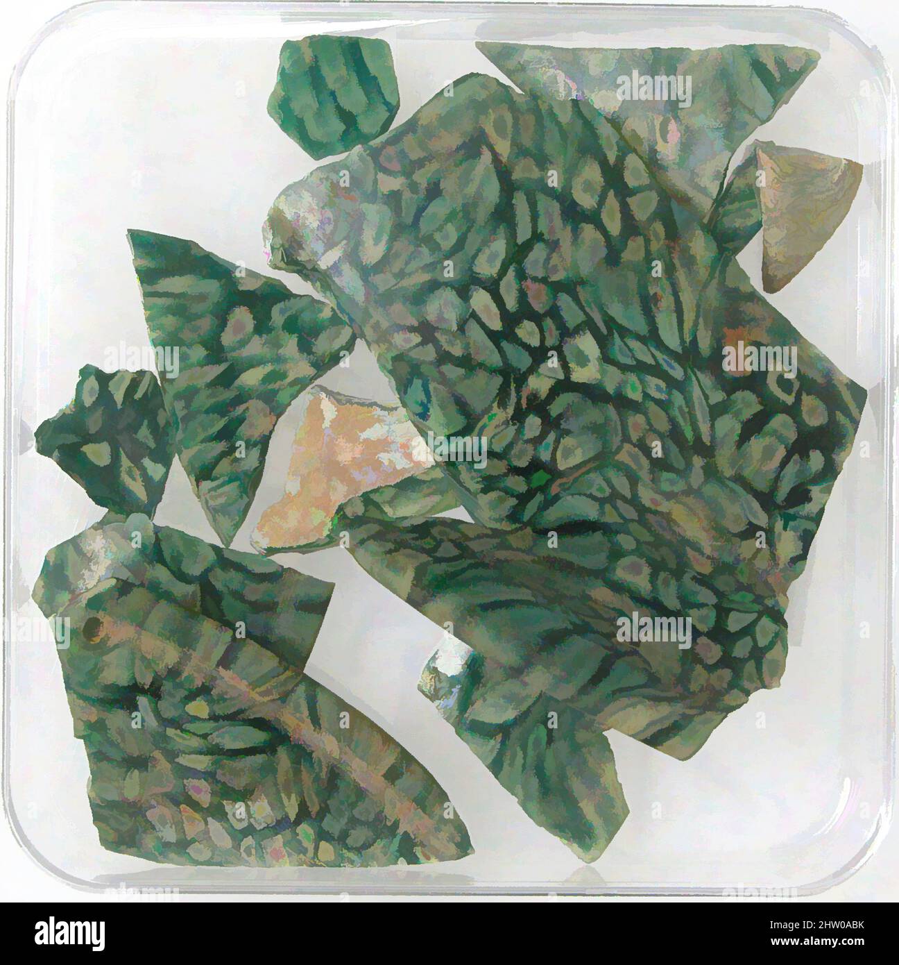 Art inspiré par des fragments de verre, 4th–début 5th siècle, fait à Kharga Oasis, Égypte byzantine, copte, verre (vert), stockage (boîte de Petri): 3 9/16 x 3 9/16 po. (9,1 x 9,1 cm), verre, oeuvres classiques modernisées par Artotop avec une touche de modernité. Formes, couleur et valeur, impact visuel accrocheur sur l'art émotions par la liberté d'œuvres d'art d'une manière contemporaine. Un message intemporel qui cherche une nouvelle direction créative. Artistes qui se tournent vers le support numérique et créent le NFT Artotop Banque D'Images