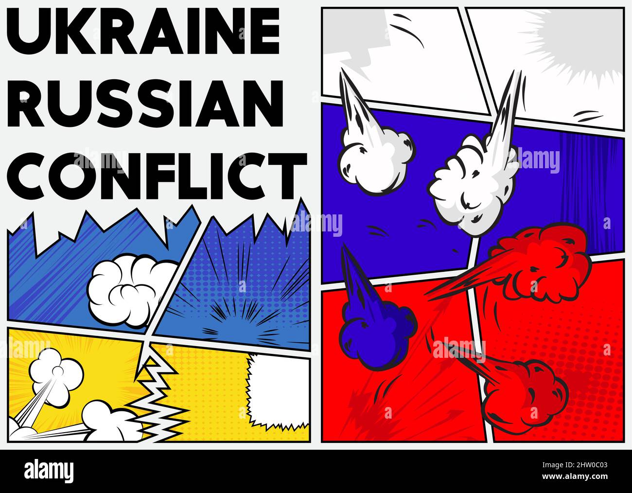 Conflit entre l'Ukraine et la Russie. Politique, agression militaire, combat, concept de guerre avec page de bande dessinée colorée comme leurs drapeaux. Illustration de Vecteur