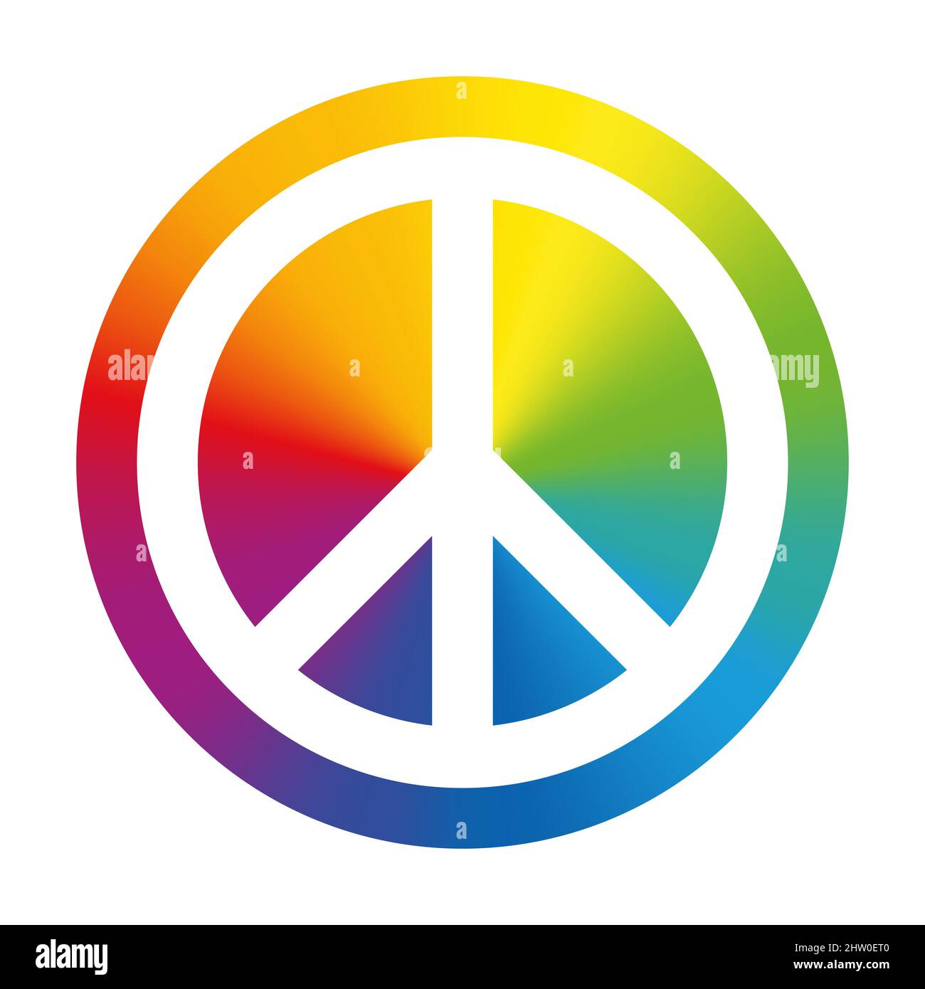 Symbole de paix blanc, sur un cercle de couleur arc-en-ciel. Initialement conçu pour le mouvement de désarmement nucléaire, aujourd'hui largement connu sous le nom de signe de paix. Banque D'Images