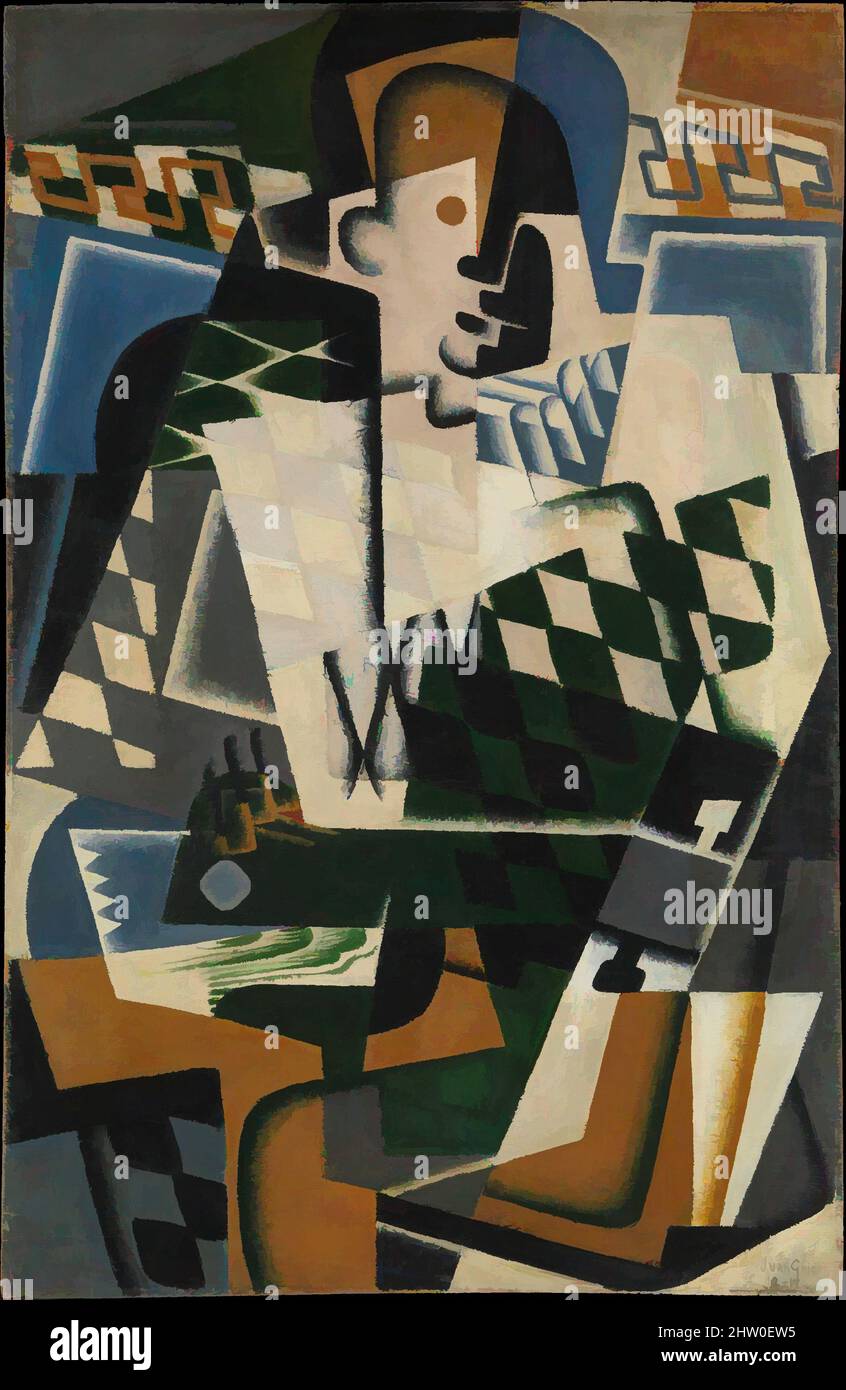 Art inspiré par Harlequin avec une guitare, 1917, huile sur panneau, 39 1/2 × 25 5/8 po. (100,3 × 65,1 cm), peintures, Juan gris (espagnol, Madrid 1887–1927 Boulogne-sur-Seine), comme de nombreux artistes européens avant eux, les Cubistes dépeignaient souvent Arlequin, un personnage de la commédia italienne, des œuvres classiques modernisées par Artotop avec une touche de modernité. Formes, couleur et valeur, impact visuel accrocheur sur l'art émotions par la liberté d'œuvres d'art d'une manière contemporaine. Un message intemporel qui cherche une nouvelle direction créative. Artistes qui se tournent vers le support numérique et créent le NFT Artotop Banque D'Images