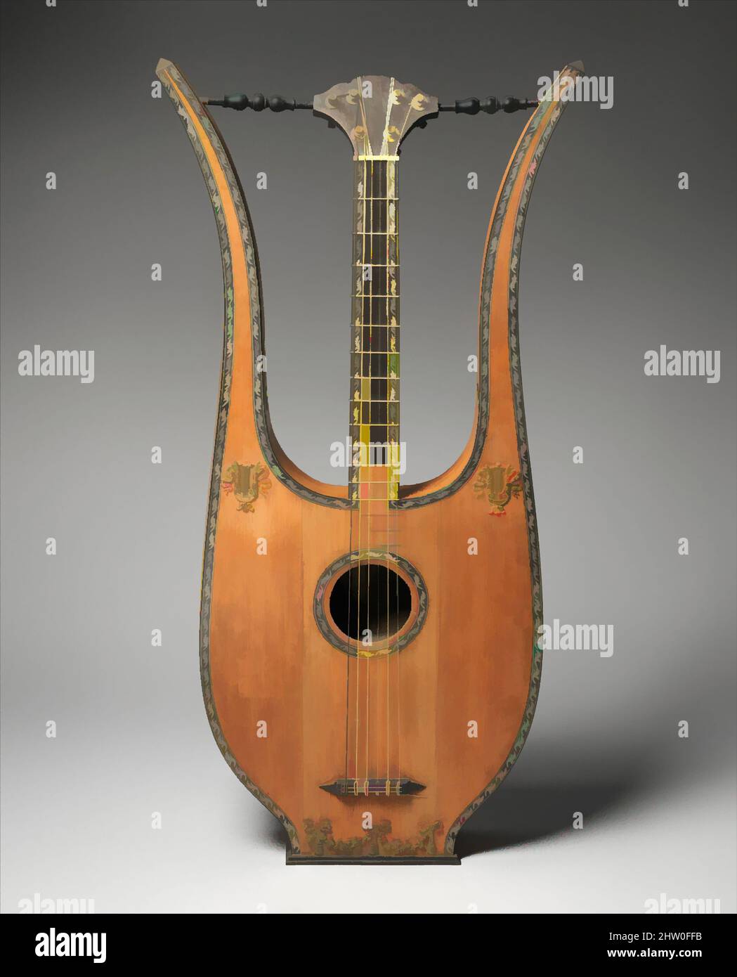 Art inspiré par Lyre Guitar, début 19th siècle, France, français, épinette, cèdre, ébène, laiton, ivoire, Total L. 85,1 cm.; corde L. 64,7 cm., cordophone-Lute-pluché, cet instrument porte une étiquette pour Francisco Lupot, mais il est peu probable qu'il ait été fabriqué par le célèbre violon. Ses œuvres classiques modernisées par Artotop avec une touche de modernité. Formes, couleur et valeur, impact visuel accrocheur sur l'art émotions par la liberté d'œuvres d'art d'une manière contemporaine. Un message intemporel qui cherche une nouvelle direction créative. Artistes qui se tournent vers le support numérique et créent le NFT Artotop Banque D'Images