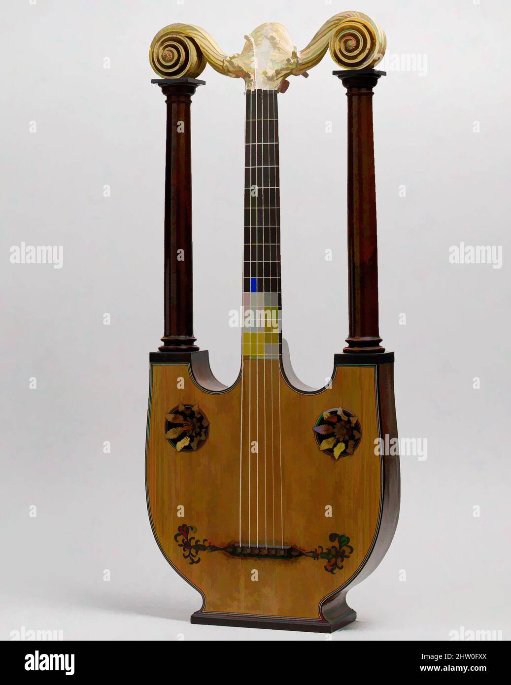 Art inspiré par Lyre Guitar, ca. 1805, Paris, France, Français, acajou,  épicéa, ébène, laiton, nickel-argent, doré, Hauteur : 34 1/4 po (87 cm),  chordophone-luth-plucké-futé, éventuellement Joseph Pons (français, né en  1776) (probablement