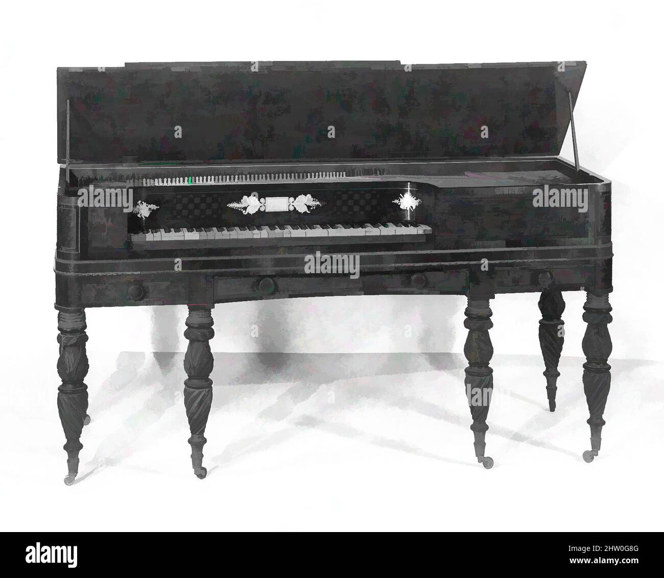 Art inspiré par Square Piano, 1822–27, New York, New York, États-Unis, Américain, divers matériaux, L. de boîtier (perpendiculaire au clavier, à l'exclusion des boutons de tiroir): 63 cm (24-7/8 in.); W. (parallèle au clavier): 172,7 (68 in.); D. de boîtier (sans couvercle): 34 cm (13-3/8 in.); Total H, oeuvres classiques modernisées par Artotop avec un peu de modernité. Formes, couleur et valeur, impact visuel accrocheur sur l'art émotions par la liberté d'œuvres d'art d'une manière contemporaine. Un message intemporel qui cherche une nouvelle direction créative. Artistes qui se tournent vers le support numérique et créent le NFT Artotop Banque D'Images