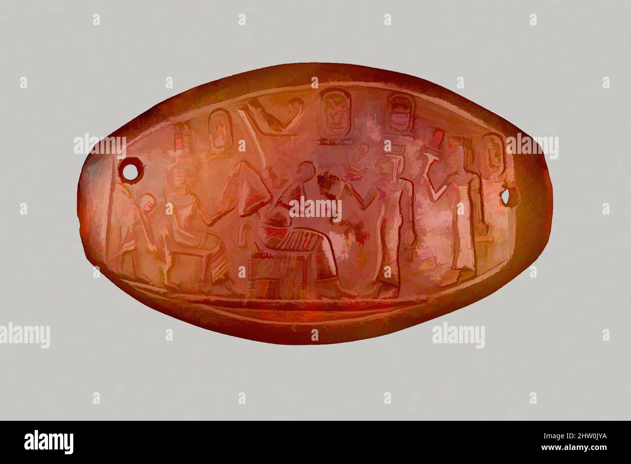 Art inspiré par la plaque sculptée d'Amenhotep III, Nouveau Royaume, dynastie 18, ca. 1390–1352 C.-B., d'Égypte, carnélien, h. 2,3 cm ( 7/8 po) ; w. 4,1 cm (1 5/8 po) ; th. 0,2 cm (1/16 po), deux princesses, chacune tenant un sistrum et un ankh, font face à l'Enthroned Amenhotep III et à la reine Tiye, qui, œuvres classiques modernisées par Artotop avec une touche de modernité. Formes, couleur et valeur, impact visuel accrocheur sur l'art émotions par la liberté d'œuvres d'art d'une manière contemporaine. Un message intemporel qui cherche une nouvelle direction créative. Artistes qui se tournent vers le support numérique et créent le NFT Artotop Banque D'Images