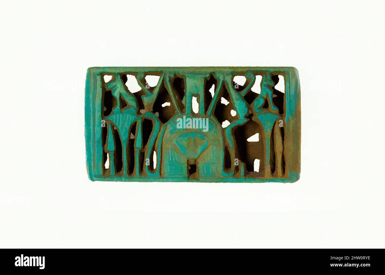 Art inspiré par l'espaceur avec tête Hathor, troisième période intermédiaire (y compris le kushite), dynastie 21–25, env. 1070–664 av. J.-C., d'Égypte, Faience, L. 5,2 cm (2 1/16 po); H. 3 cm (1 3/16 po); D. 0,5 cm (3/16 po), Une entretoise est un élément destiné à garder plusieurs brins d'un bracelet ou, des œuvres classiques modernisées par Artotop avec une touche de modernité. Formes, couleur et valeur, impact visuel accrocheur sur l'art émotions par la liberté d'œuvres d'art d'une manière contemporaine. Un message intemporel qui cherche une nouvelle direction créative. Artistes qui se tournent vers le support numérique et créent le NFT Artotop Banque D'Images