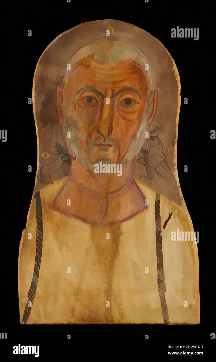 Art inspiré par l'homme âgé flanqué de dieux égyptiens, période romaine, ca. A.D. 250, d'Égypte, Tempera sur sycomore, H. 38 cm. (14 15/16 po); W. 22,4 cm (8 13/16 po), cet homme âgé est peint en tempera sur un panneau en bois assez épais. Dessiné à l'encre noire au-dessus de son épaule gauche est le, Classic œuvres modernisées par Artotop avec un peu de modernité. Formes, couleur et valeur, impact visuel accrocheur sur l'art émotions par la liberté d'œuvres d'art d'une manière contemporaine. Un message intemporel qui cherche une nouvelle direction créative. Artistes qui se tournent vers le support numérique et créent le NFT Artotop Banque D'Images