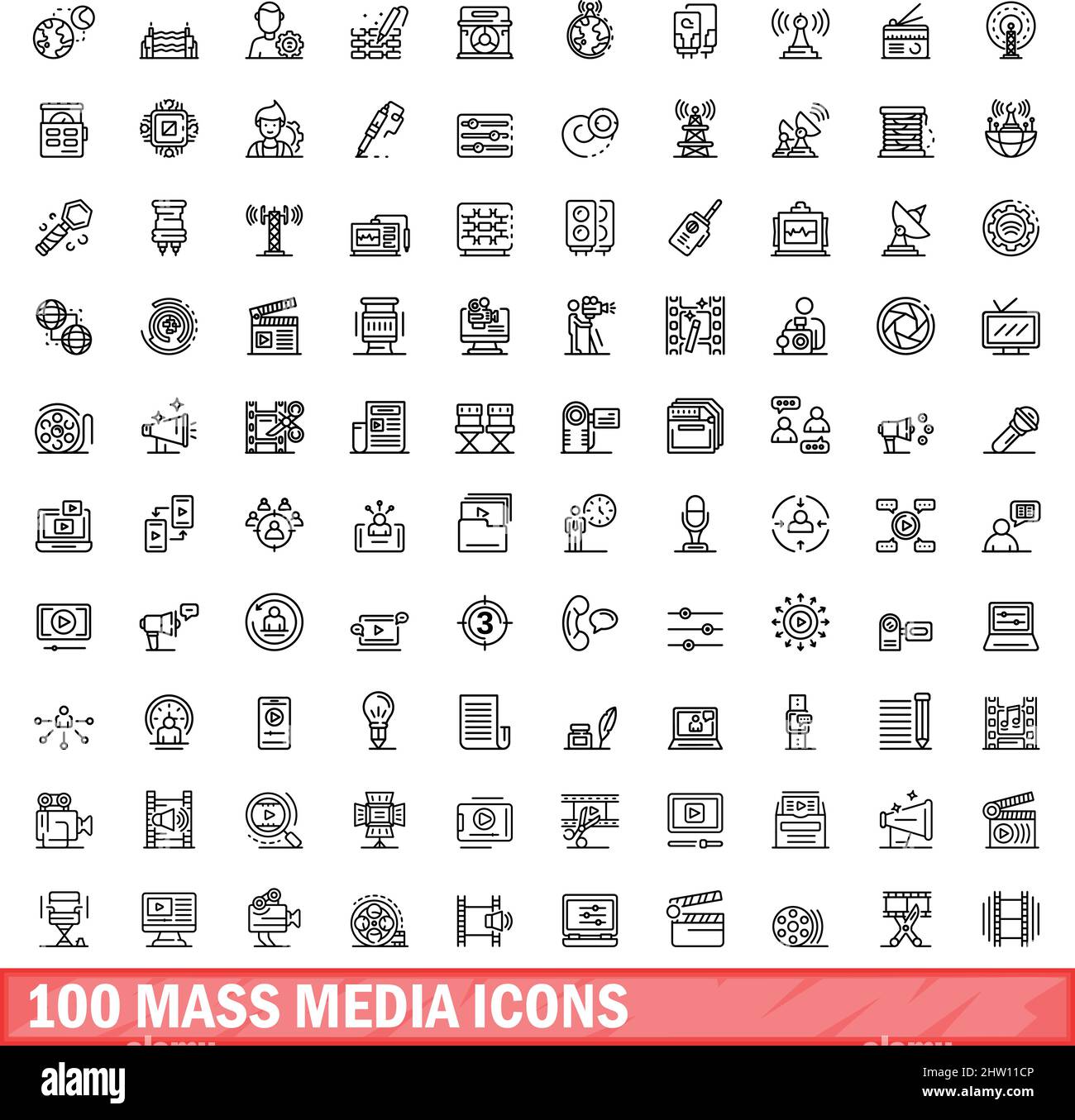 100 icônes de média de masse définies.Illustration du contour de 100 icônes de média de masse ensemble de vecteurs isolés sur fond blanc Illustration de Vecteur