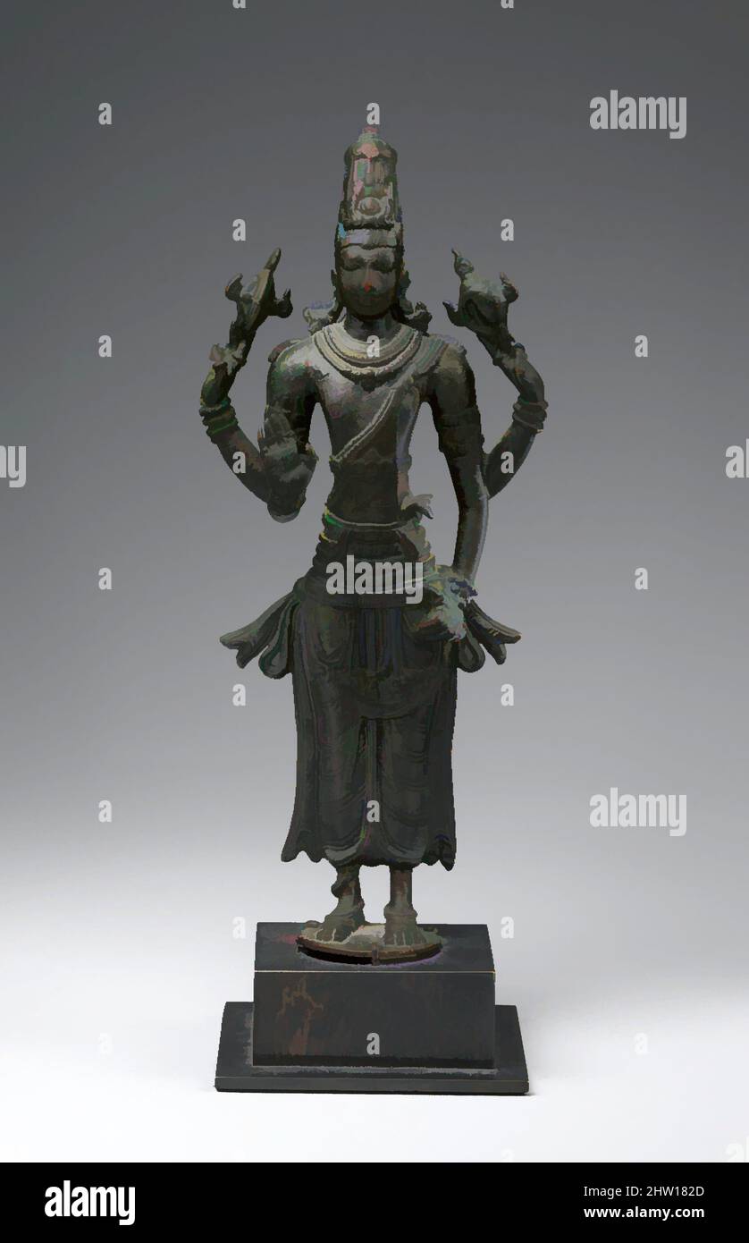 Art inspiré par Vishnu, période Pallava, première moitié du 9th siècle, Inde du Sud (Tamil Nadu), alliage de cuivre, H. 8 1/2 in. (21,6 cm) ; avec 3 3/4 po (9,5 cm) ; D. 1 3/8 po (3,5 cm), Sculpture, les Pallavas, centrés sur leur capitale impériale de Kanchipuram, étaient le clan le plus puissant, les œuvres classiques modernisées par Artotop avec une touche de modernité. Formes, couleur et valeur, impact visuel accrocheur sur l'art émotions par la liberté d'œuvres d'art d'une manière contemporaine. Un message intemporel qui cherche une nouvelle direction créative. Artistes qui se tournent vers le support numérique et créent le NFT Artotop Banque D'Images