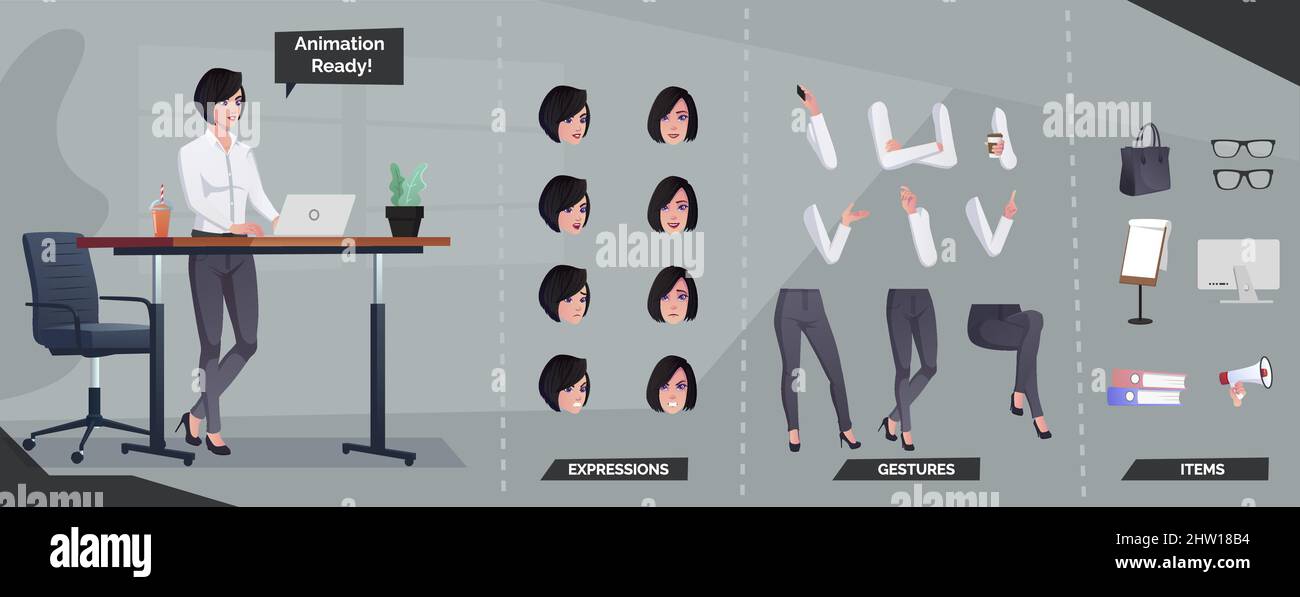 Jeu de caractères d'affaires pour l'animation femme travaillant sur l'ordinateur portable Illustration Illustration de Vecteur