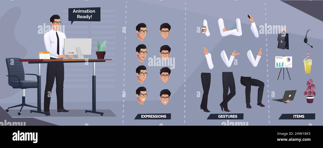 Jeu de caractères professionnels pour l'animation avec différentes parties du corps et poses Illustration de Vecteur