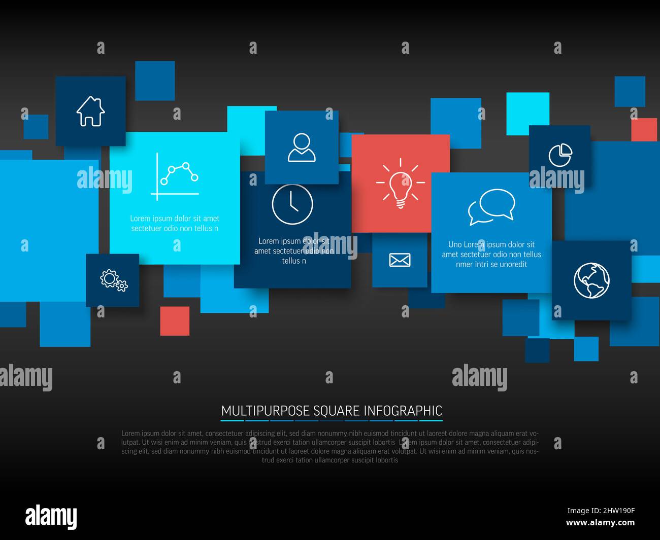 Diagramme d'infographie vectoriel avec divers carrés descriptifs bleus sur fond gris foncé - modèle d'infographie - carrés de contenu bleu et rouge avec ico Illustration de Vecteur