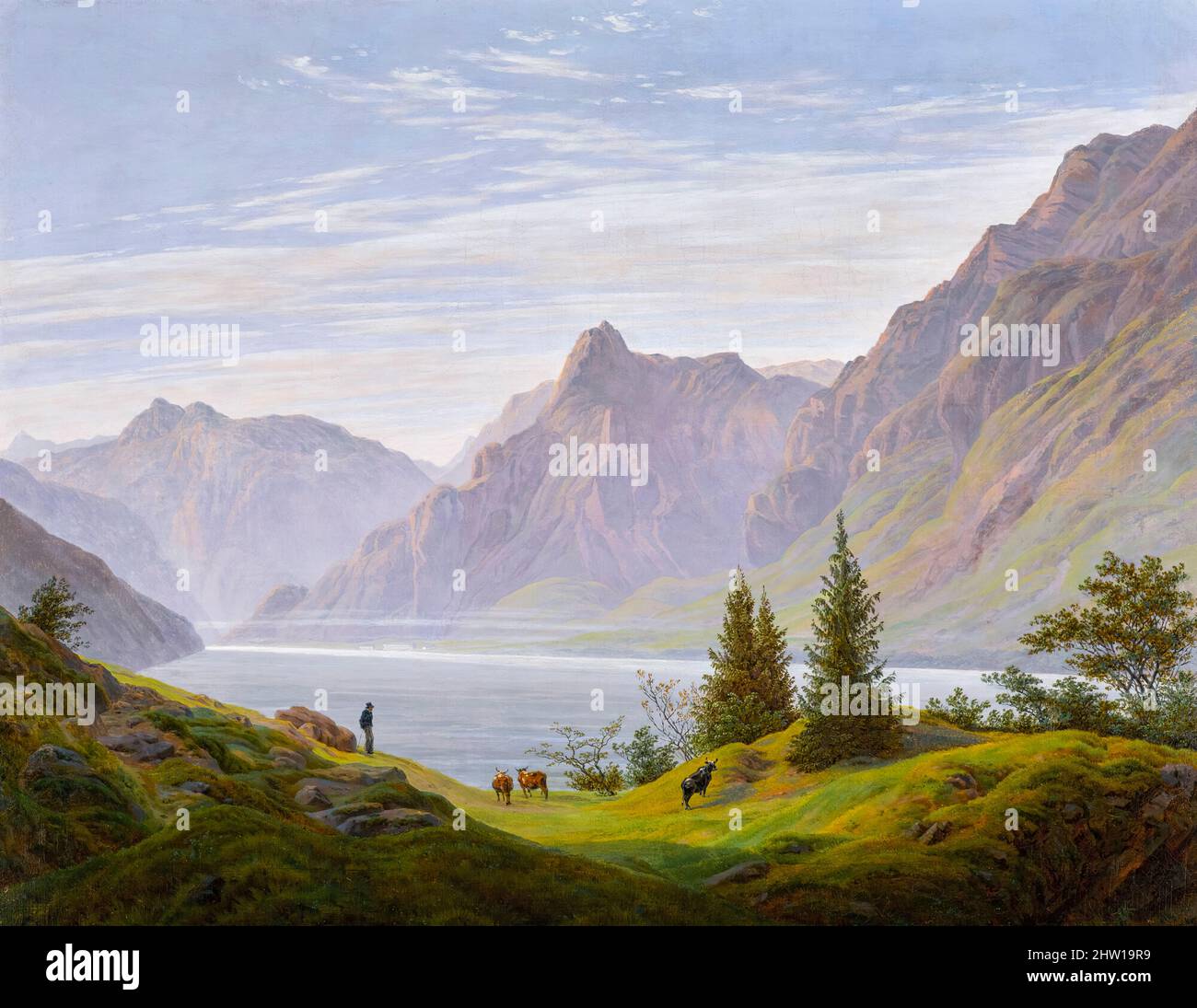 Caspar David Friedrich, Landschaft mit Gebirgsee, Morgen (Paysage avec Mountain Lake, matin), peinture de paysage à l'huile sur toile, 1823-1835 Banque D'Images
