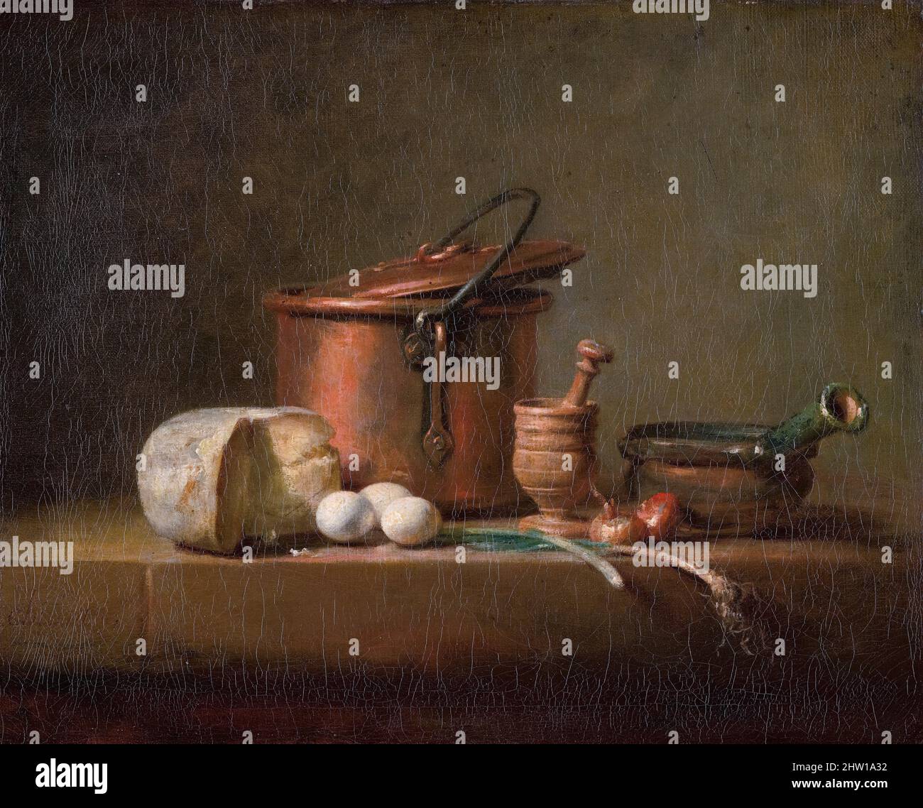 Jean Baptiste Siméon Chardin, Still Life with Copper Pot, fromage et œufs, peinture à l'huile sur toile, 1730-1735 Banque D'Images