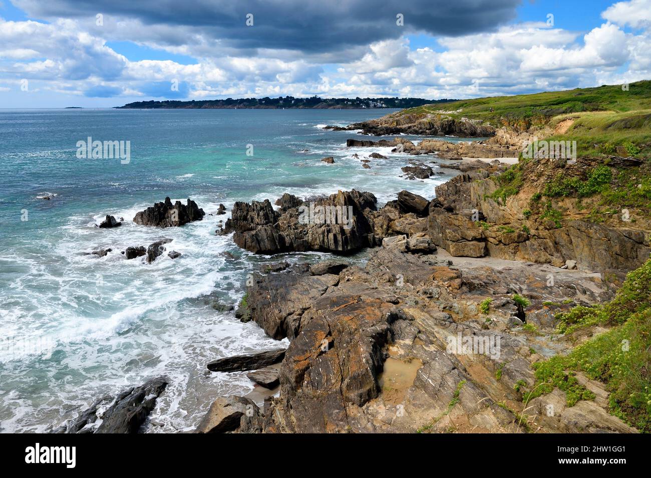 France, Finistère (29), Moelan sur Mer, la côte entre Kerfany les Pins et la plage de Trenez le long du sentier de randonnée GR 34 ou du sentier des douiers (sentier des douanes) Banque D'Images