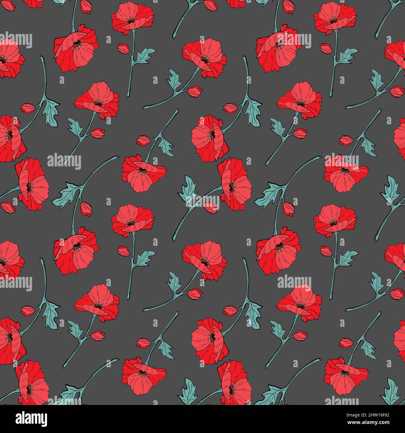 Fond gris sans couture avec fleurs et feuilles rouges et bleues. Imprimez avec des coquelicots. Illustration vectorielle. Illustration vectorielle Illustration de Vecteur