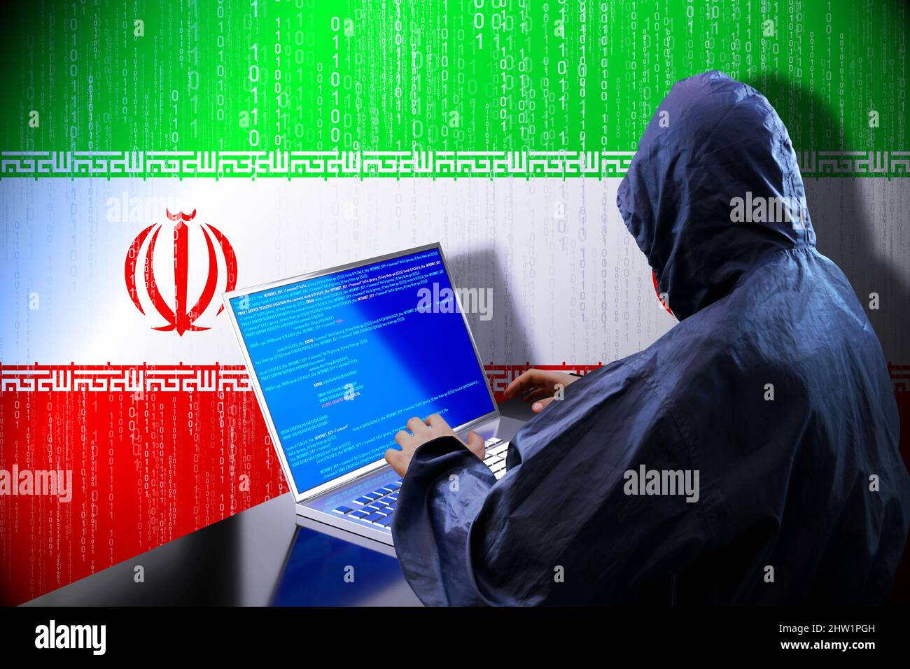 Hacker à capuchon anonyme, drapeau de l'Iran, code binaire - concept de cyber-attaque Banque D'Images