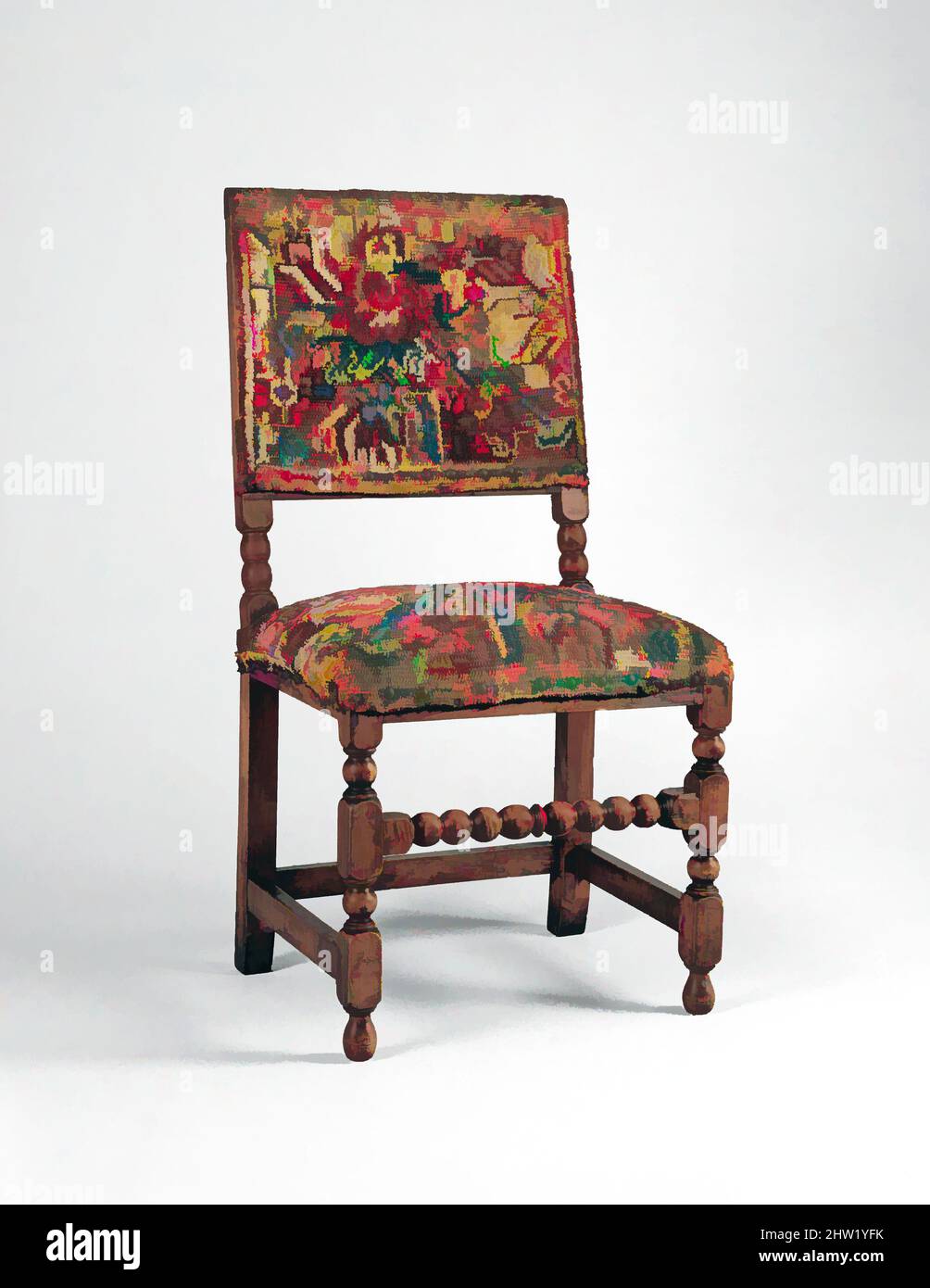 Art inspiré par la chaise de travail de Turquie, 1680–1700, probablement fabriqué à Boston, Massachusetts, États-Unis, américain, Maple, chêne, 40 3/4 x 21 x 17 po (103,5 x 53,3 x 43,2 cm), mobilier, la grande rareté de cette chaise repose dans la dinde de laine originale qui couvre son siège et son dos. «, les œuvres classiques modernisées par Artotop avec un peu de modernité. Formes, couleur et valeur, impact visuel accrocheur sur l'art émotions par la liberté d'œuvres d'art d'une manière contemporaine. Un message intemporel qui cherche une nouvelle direction créative. Artistes qui se tournent vers le support numérique et créent le NFT Artotop Banque D'Images