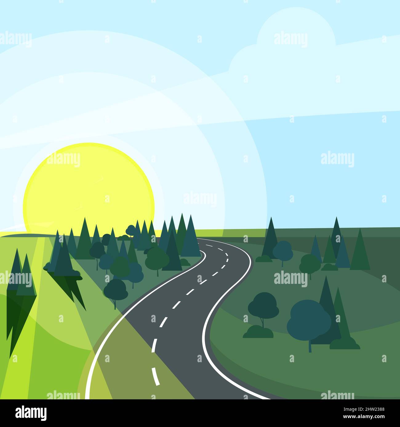 Paysage de campagne avec route allant au soleil levant Illustration de Vecteur