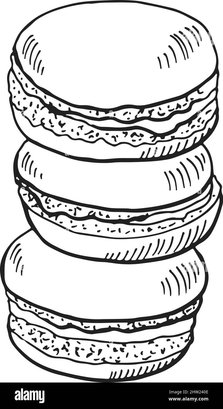 Pile de macarons. Esquisse du biscuit français. Biscuit dessiné à la main Illustration de Vecteur