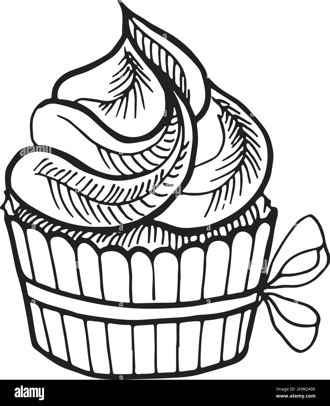 Cupcake avec haut tourbillon crème. Pâtisserie sucrée dessinée à la main Illustration de Vecteur