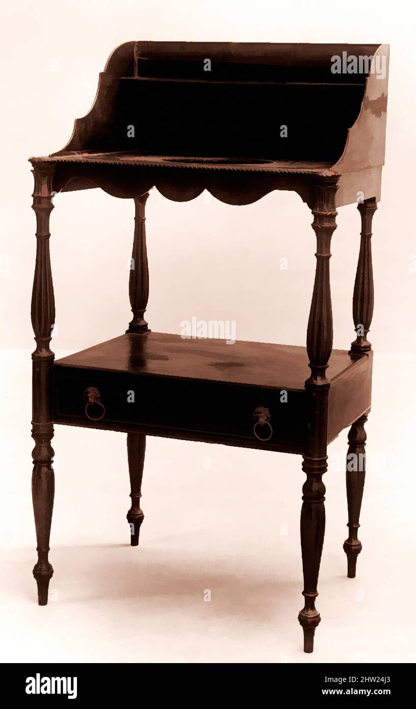 Art inspiré par Basin stand, 1810–15, fabriqué à Salem, Massachusetts, États-Unis, Américain, acajou, placage acajou avec pin blanc, 41 1/2 x 22 x 16 po. (105,4 x 55,9 x 40,6 cm), mobilier, attribué à William Hook (1777–1867), les trous découpés de la tablette supérieure de ce bassin, oeuvres classiques modernisées par Artotop avec un peu de modernité. Formes, couleur et valeur, impact visuel accrocheur sur l'art émotions par la liberté d'œuvres d'art d'une manière contemporaine. Un message intemporel qui cherche une nouvelle direction créative. Artistes qui se tournent vers le support numérique et créent le NFT Artotop Banque D'Images