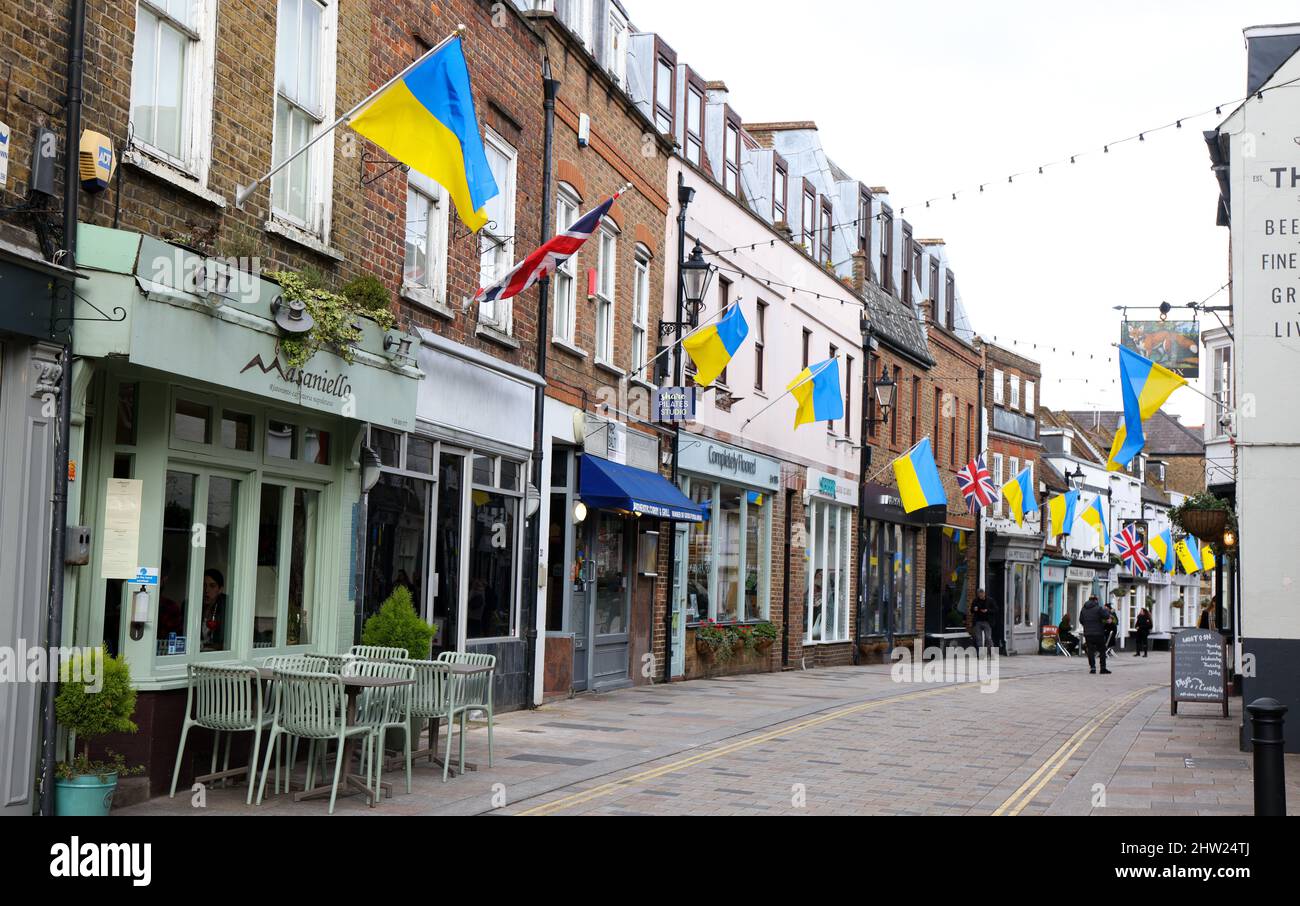 Londres, Royaume-Uni. 03 mars 2022 les détaillants de Church Street, Twickenham montrent leur soutien à l'Ukraine avec un spectacle de drapeaux ukrainiens le long de la route Andrew Fosker / Alamy Live News Banque D'Images
