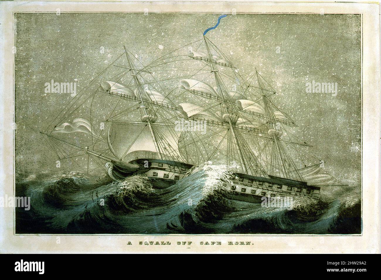 Des imprimés vintage représentant un bateau qui arrondisse Cape Horn dans un ouragan Banque D'Images