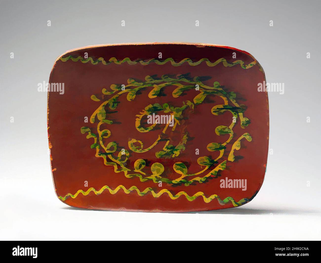 Art inspiré par le plat, env. 1794–1800, fabriqué à Norwalk, Connecticut, États-Unis, États-Unis, Faïence ; vaisselle à motif de rouge avec décoration, 16 1/2 x 12 3/4 po (41,9 x 32,4 cm), céramique, Absaumon Day (1770–1843), les initiales jointes « AD » représentent sans aucun doute Absalom Day, fondateur des œuvres classiques modernisées par Artotop avec une touche de modernité. Formes, couleur et valeur, impact visuel accrocheur sur l'art émotions par la liberté d'œuvres d'art d'une manière contemporaine. Un message intemporel qui cherche une nouvelle direction créative. Artistes qui se tournent vers le support numérique et créent le NFT Artotop Banque D'Images