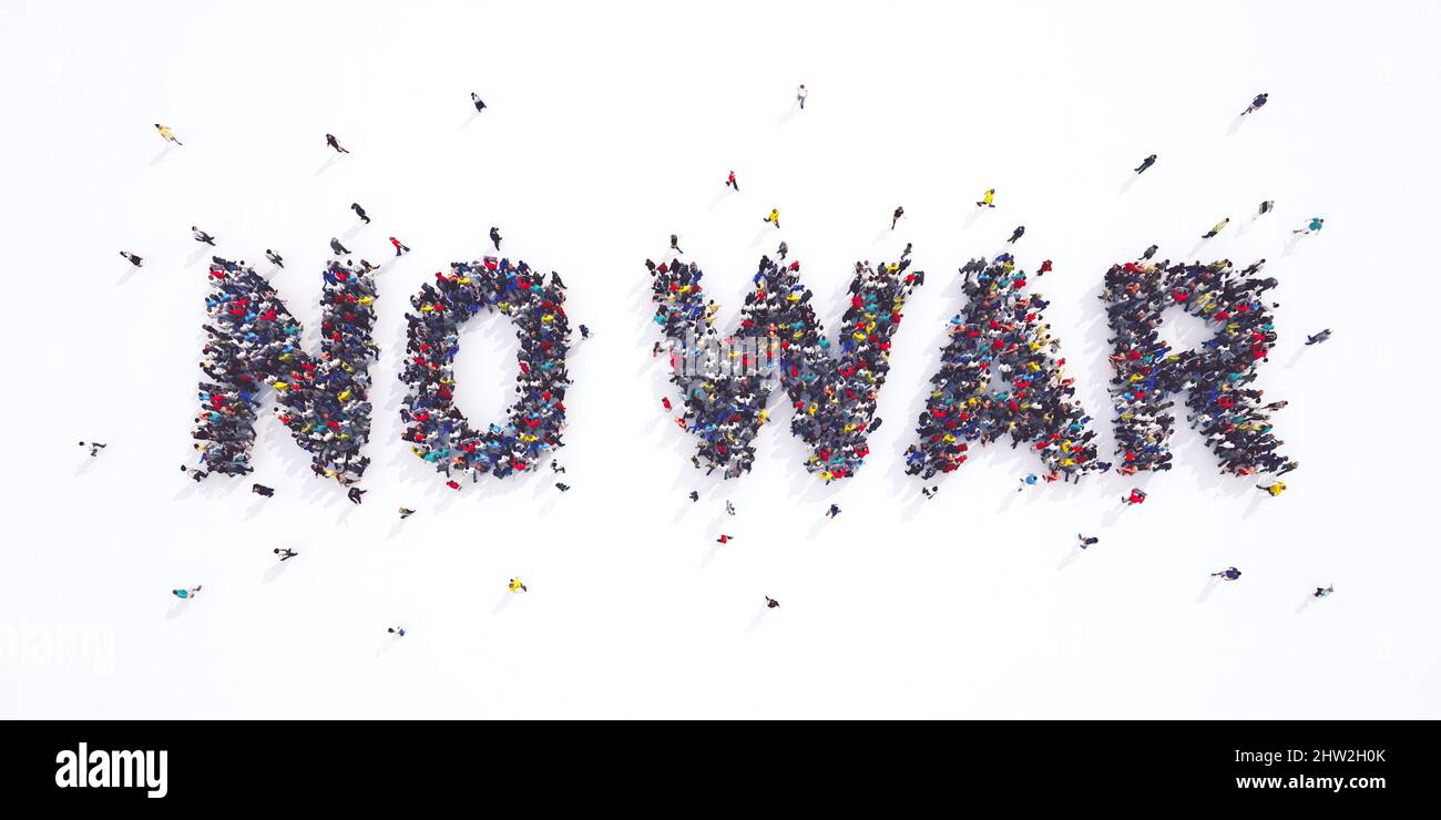 Foule de personnes contre la guerre se joignant à former le texte pas de guerre. 3D rendu Banque D'Images Foule de personnes contre la guerre se joignant à former le texte pas de guerre. 3D rendu Banque D'Images