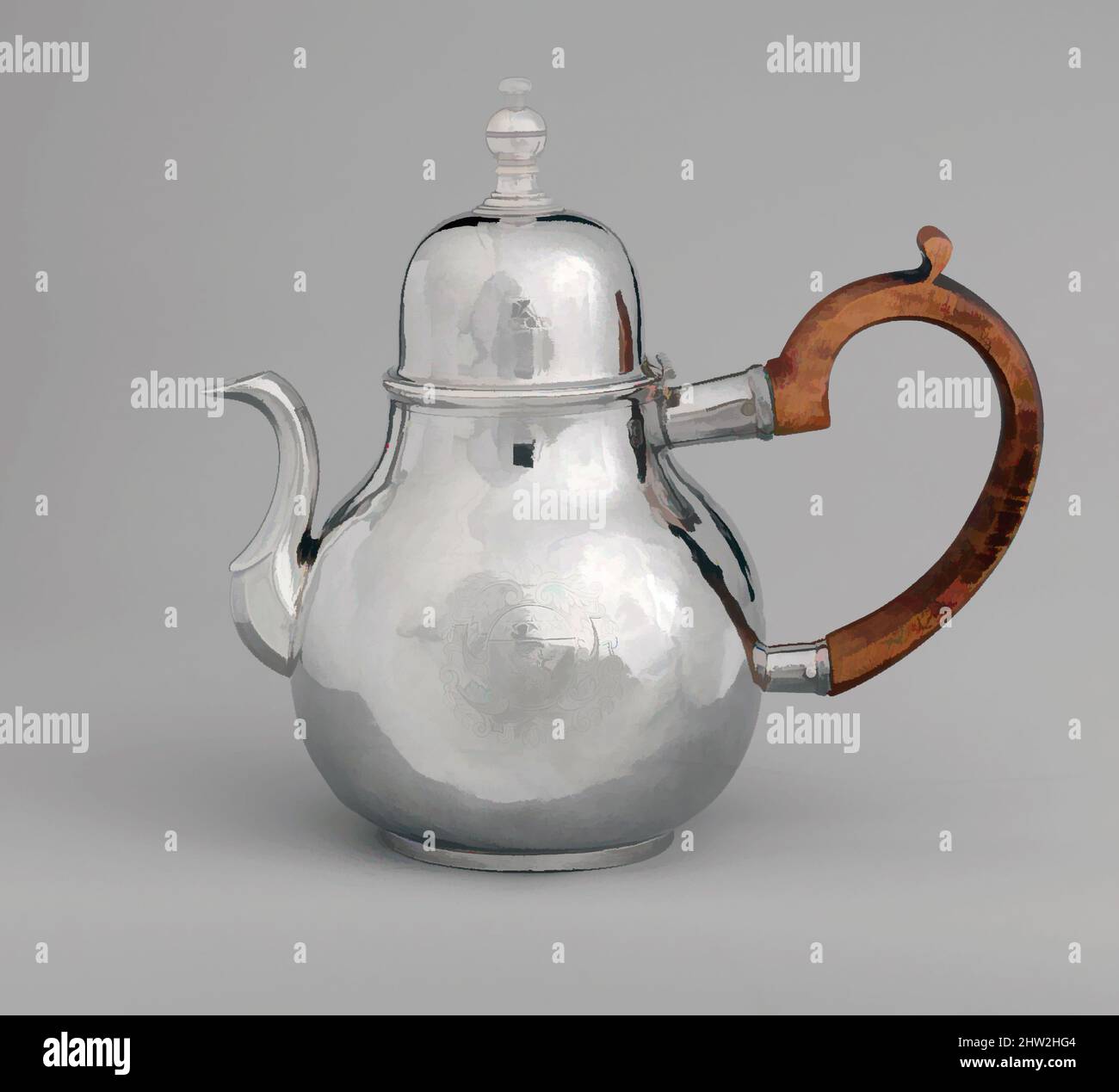 Art inspiré par Teapot, 1710–22, fabriqué à Boston, Massachusetts, États-Unis, Américain, argent, total : 7 9/16 x 8 1/4 x 4 13/16 po. (19,2 x 21 x 12,2 cm) ; 18 oz. (560,3 g), argent, John Coney (1655/56–1722), cette rare théière survivante de John Coney est une interprétation inhabituelle de, œuvres classiques modernisées par Artotop avec un peu de modernité. Formes, couleur et valeur, impact visuel accrocheur sur l'art émotions par la liberté d'œuvres d'art d'une manière contemporaine. Un message intemporel qui cherche une nouvelle direction créative. Artistes qui se tournent vers le support numérique et créent le NFT Artotop Banque D'Images