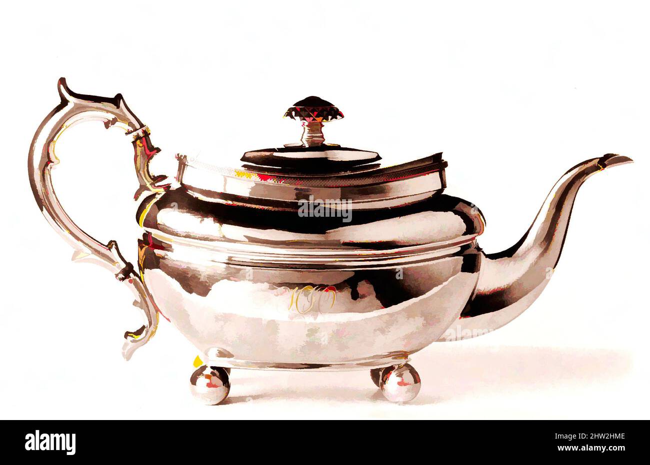 Art inspiré par Teapot, env. 1810, fabriqué à New York, New York, États-Unis, américain, argent, 6 5/8 x 12 15/16 x 5 3/8 po (16,8 x 32,9 x 13,7 cm) ; 20 oz. 19 l/h (651,7 g), argent, Garret Forbes (1785–1851, oeuvres classiques modernisées par Artotop avec une touche de modernité. Formes, couleur et valeur, impact visuel accrocheur sur l'art émotions par la liberté d'œuvres d'art d'une manière contemporaine. Un message intemporel qui cherche une nouvelle direction créative. Artistes qui se tournent vers le support numérique et créent le NFT Artotop Banque D'Images
