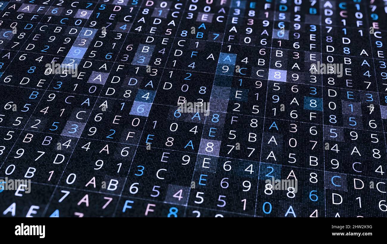 Modification des chiffres et des lettres. Animation. Arrière-plan coloré des cellules avec modification des chiffres et des lettres. Séquence de modification des chiffres et des lettres en co Banque D'Images