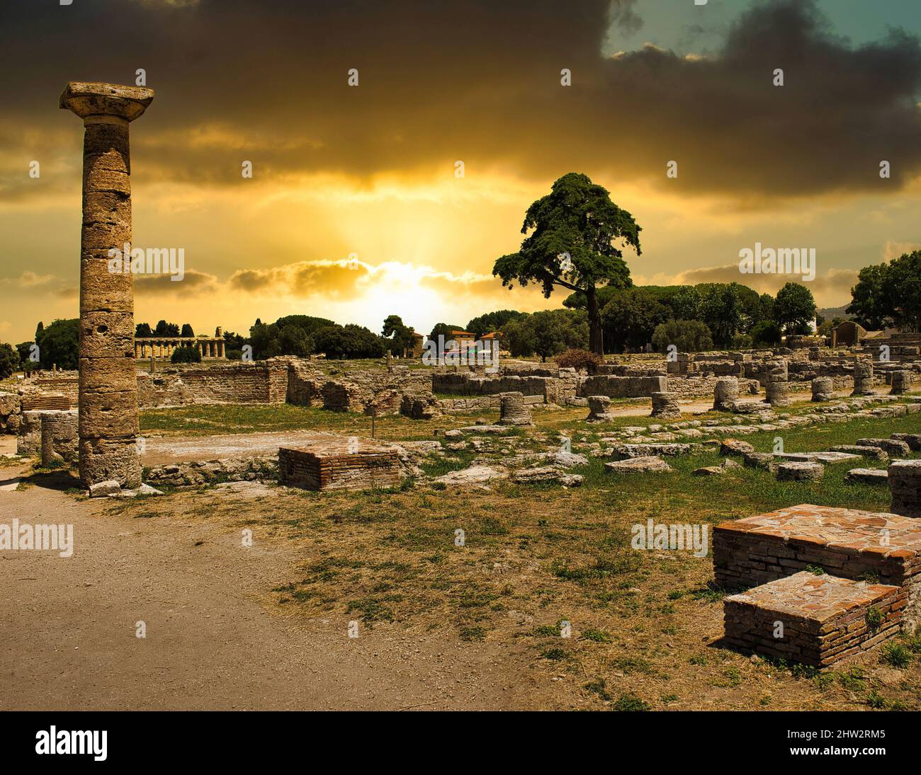 Une aube suggestive illumine les ruines antiques du site de PAESTUM UNESCO dans la province de Salerne, Campanie, Italie Banque D'Images
